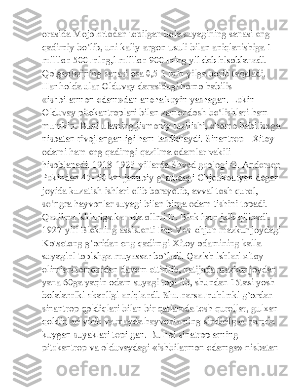 orasida Mojolertodan topilgan bola suyagining sanasi eng 
qadimiy bo‘lib, uni kaliy-argon usuli bilan aniqlanishiga 1 
million 500 ming,l million 900 ming yil deb hisoblanadi. 
Qolganlarining sanasi esa 0,5-1 mln yilga borib taqaladi. 
Har holda ular Olduvay darasidagi homo habilis - 
«ishbilarmon odam»dan ancha keyin yashagan. Lekin 
Olduvay pitekantroplari bilan zamondosh bo‘lishlari ham 
mumkin. Buni ulaming jismoniy tuzilishi, «homo habilis»ga
nisbatan rivojlanganligi ham tasdiqlaydi. Sinantrop - Xitoy 
odami ham eng qadimgi qazilma odamlar vakili 
hisoblanadi. 1918-1923-yillarda Shved geologi G. Anderson
Pekindan 45- 50 km janubiy-g‘arbdagi Chjoukoutyan degan
joyida kuzatish ishlari olib borayotib, avval tosh qurol, 
so‘ngra hayvonlar suyagi bilan birga odam tishini topadi. 
Qazilma ishlariga kanada olimi D. Blek ham jalb qilinadi. 
1927-yili Blekning assistenti Pen Ven-chjun mazkur joydagi
Kotsetong g‘oridan eng qadimgi Xitoy odamining kalla 
suyagini topishga muyassar bo‘ladi. Qazish ishlari xitoy 
olimlari tomonidan davom ettirilib, natijada mazkur joydan 
yana 60ga yaqin odam suyagi topi lib, shundan 15tasi yosh 
bolalarniki ekanligi aniqlandi. Shu narsa muhimki g‘ordan 
sinantrop qoldiqlari bilan bir qatlamda tosh qurollar, gulxan 
qoldiqlari yirik va mayda hayvonlaming sindirilgan hamda 
kuygan suyaklari topilgan. Bu hoi sinatroplarning 
pitekantrop va olduvaydagi «ishbilarmon odamga» nisbatan  