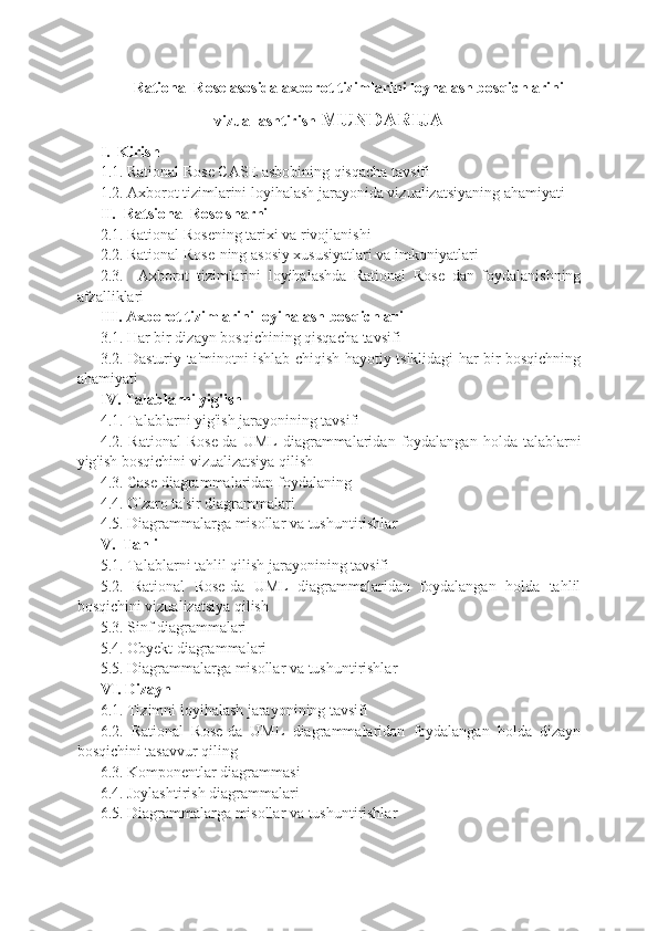 Rational Rose asosida axborot tizimlarini loyhalash bosqichlarini
vizuallashtirish   MUNDARIJA
I.  Kirish
1.1. Rational Rose CASE asbobining qisqacha tavsifi
1.2. Axborot tizimlarini loyihalash jarayonida vizualizatsiyaning ahamiyati
II.  Ratsional Rose sharhi
2.1. Rational Rosening tarixi va rivojlanishi
2.2. Rational Rose-ning asosiy xususiyatlari va imkoniyatlari
2.3.     Axborot   tizimlarini   loyihalashda   Rational   Rose   dan   foydalanishning
afzalliklari
III. Axborot tizimlarini loyihalash bosqichlari
3.1. Har bir dizayn bosqichining qisqacha tavsifi
3.2. Dasturiy ta'minotni ishlab chiqish hayotiy tsiklidagi har bir bosqichning
ahamiyati
IV. Talablarni yig'ish
4.1. Talablarni yig'ish jarayonining tavsifi
4.2.  Rational  Rose-da  UML  diagrammalaridan  foydalangan   holda  talablarni
yig'ish bosqichini vizualizatsiya qilish
4.3. Case diagrammalaridan foydalaning
4.4. O'zaro ta'sir diagrammalari
4.5. Diagrammalarga misollar va tushuntirishlar
V.  Tahlil
5.1. Talablarni tahlil qilish jarayonining tavsifi
5.2.   Rational   Rose-da   UML   diagrammalaridan   foydalangan   holda   tahlil
bosqichini vizualizatsiya qilish
5.3. Sinf diagrammalari
5.4. Obyekt diagrammalari
5.5. Diagrammalarga misollar va tushuntirishlar
VI. Dizayn
6.1. Tizimni loyihalash jarayonining tavsifi
6.2.   Rational   Rose-da   UML   diagrammalaridan   foydalangan   holda   dizayn
bosqichini tasavvur qiling
6.3. Komponentlar diagrammasi
6.4. Joylashtirish diagrammalari
6.5. Diagrammalarga misollar va tushuntirishlar 