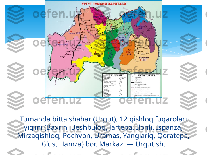 Tumanda bitta shahar (Urgut), 12 qishloq fuqarolari 
yigʻini (Baxrin, Beshbuloq, Jartepa, Ilonli, Ispanza, 
Mirzaqishloq, Pochvon, Uramas, Yangiariq, Qoratepa, 
Gʻus, Hamza) bor. Markazi — Urgut sh.   