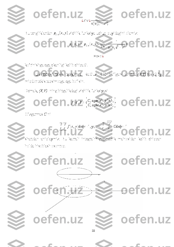 ¿ A ∨ ¿ 1
σ
12
σ
22
( 1 − r 2
)
Bu tengliklardan  p
ξ , η ( x , y )
 zichlik funksiya uchun quyidagini olamiz: 
p
ζ( x , y	) = p
ξ , η	( x , y	) = 1
2 π ⋅ 1
σ
1 σ
2	
√ 1 − r 2 ×	
×exp	¿
ko‘rinishga ega ekanligi kelib chiqadi.
Doiradagi   tekis   taqsimot .   Radiusi     R=1   bo lgan   doirada	
ʻ   (X,Y)   tasodifiy
miqdor tekis taqsimotga ega bo lsin.	
ʻ
Demak,   (X,Y)     ning birgalikdagi zichlik funksiyasi	
f(X	,Y)={
C	,agar	x2+y2≤1,	
C	,agar	x2+y2>1,}
O zgarmas	
ʻ   C   ni	
∫−∞
+∞
∫−∞
+∞	
f(x,y)dxdy	=1,
ya`ni    	∫−t
+t	
∫
−√1−x2	
√1−x2
Cdxdy	=1
shartdan   aniqlaymiz.   Bu   karrali   integralni   geometrik   ma'nosidan   kelib   chiqqan
holda hisoblash osonroq.
33 
