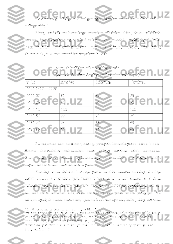 o'z zimmasiga olishga rozi  bo'lgan egani  kattalar  tomonidan qidirib topildi.
oldinga chiq . 4
Biroq,   statistik   ma'lumotlarga   murojaat   qilishdan   oldin,   shuni   ta'kidlash
kerakki,   bozor   narxlarining   harakati   nafaqat   uzoq   muddatli   tendentsiyani,   balki
qisqa   muddatli   omillarning   ta'sirini   ham   aks   ettiradi,   masalan,   hosildorlik,
shuningdek, hukumat tomonidan tangalarni buzish.
Kumush birliklari bilan bug'doy narxi. 2
 
(taqqoslash uchun Angliya ma'lumotlari qo'shilgan)
yillar Angliya Strasburg Flandriya
1401-1410 = 100%
1411-20 81 89 75
1421-30 80 94 92
1431-40 102 66 106
1441-50 77 94 74
1461-70 74 66 65
1471-80 59 56 65
Bu   raqamlar   don   narxining   hozirgi   pasayish   tendentsiyasini   ochib   beradi.
Ammo   chorvachilik   mahsulotlari   narxi   doimiy   ravishda   oshib   bormoqda.
Shuningdek,   uzoq   muddat   foydalaniladigan   mahsulotlar   –   hunarmandchilik
buyumlari narxi don narxidan ancha yuqori. 3
Shunday   qilib,   dehqon   bozorga   yuzlanib,   ikki   baravar   noqulay   ahvolga
tushib   qoladi.   Birinchidan,   ijara   haqini   to'lash   uchun   u   don   sotuvchisi   sifatida
harakat qilishi kerak. Garchi ijara narxi pasayish tendentsiyasini ko'rsatgan bo'lsa-
da,   don   narxi   umuman   oziq-ovqat   narxlariga   qaraganda   ancha   pasaygan.   Va
dehqon byudjeti   nuqtai  nazaridan,  ijara nafaqat   kamaymadi,  balki  jiddiy ravishda
4
16-18 - asrlarda frantsuz dehqonlari . L., 1978. b. 63
2
materiallar asosida Barg M. A. Yetuk feodalizmning ikkinchi bosqichida Yevropadagi iqtisodiy 
va demografik jarayonlar.// Yevropada dehqonchilik tarixi. Feodalizm davri. T. II Yevropa 
dehqonlari rivojlangan feodalizm davrida. M., 1986. b. 297
3
Kovalevskiy M. Kapitalistik iqtisodiyot paydo bo'lishidan oldin Evropaning iqtisodiy o'sishi. 
SPb., 1903. p. 116 