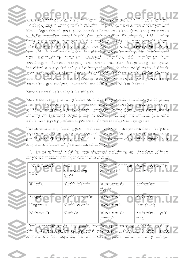 xususiyatlarining   o’ziga   xos   tomonlarini   ochishga   muvaffaq   bo’ldilar.   Ular   nerv-
fiziologik jarayonlarning nozik hirralarini o’rganishga maxsus moslamalar yordami
bilan   o’zgarishlarni   qayd   qilish   hamda   olingan   natijalarni   (omillarni)   matematik
statistika   metodlari   orqali   hisoblashni   tatbiq   etdilar.   Shuningdek,   B.M.   Teplov
ilmiy   maktabining   namoyondalari   tomonidan   ijobiy   va   tormozlovchi   shartli
reflekslarning   hosil   bo’lish   tezligini   tavsiflovchi   individual   xususiyatlar   turkumi
ham ta'riflab   berilgandir. Ushbu individual xususiyatlar mohiyatida ifodalanuvchi
nerv   sistemasining   notanish   xususiyati   dinamiklik   deb   nomlangan   ham
tavsiflangan.   Bundan   tashqari,   ular   shartli   reflektor   faoliyatining   bir   guruh
individual xususiyatlari qo’zg’alish jarayoni to’xtalishining tezligi mahsuli sifatida
taxmin qilingan xususiyatni (yangi xislatni) labillik deb atay boshlaganlar. Shuning
bilan   birga   nerv   sistemasining   boshqa   xususiyatlari   mavjudligi   to’g’risida   ilmiy
taxminlar ilgari surilgan, chunonchi: senzitivlik, reaktivlik va hokazo.
Nerv sistemasi tiplarining kelib chiqishi.
Nerv sistemasining umumiy tiplari kelib chiqishi yuzasidan mulohaza yuritilganda,
albatta   I.P.Pavlovning   ta'limotini   eslash   maqsadga   muvofiqdir,   chunonchi   irsiyat
yo’li bilan shartlangan tip-bu genotip demakdir. Hozirgi davrda nerv sistemasining
umumiy   tipi   (genotip)   irsiyatga   bog’liq   ekanligi   haqidagi   ma'lumotlar,   juda   ko’p
bo’lib, ular qiyosiy jihatdan hayvonlarni o’rganish natijasida topilgandir.
Temperamentning   tipologiyasi   mobodo   insonlar   temperamentlari   bo’yicha
qiyoslansa,   u   holda   uning   xususiyatlari   jihatidan   o’zaro   o’xshash   shaxslarning
guruhi   mavjudligi   namoyon   bo’ladi.   Bu   asnoda   eramizdan   oldingi   davrda   ham
temperament tiplari to’g’risida materiallar to’plangan. 
I.P.   Pavlov   ta'limoti   bo’yicha   nerv   sistemasi   tiplarining   va   Gippokrat   ta'limoti
bo’yicha temperamentning o’zaro munosabatlari.
Temperament 
tiplari Nerv
sistemasining
kuchi   Nerv   tizimining
muvozanati Nerv   tizimining
ildamligi
Xolerik Kuchli jo'shqin Muvozanatsiz
qizg'in Serharakat
Sangvinik Kuchli serharakat Muvozanatli Serharakat
Flegmatik Kuchli vazmin   Muvozanatli Inert (sust)
Melanxolik Kuchsiz Muvozanatsiz
tormozli Serharakat     yoki
inert
Ularda  temperament   tipi   deyilganda,   insonlarning  muay   yangu  ruhlarini   tavsiflov
chip   sixik   xususiyatlarning   yig’indisi   (majmuasi)   tushuniladi.   Hozirgi   davrda
temperament   tipi   deganda,   ma'lum   insonlar   guruhi   uchun   Umumiy   bo’lgan 