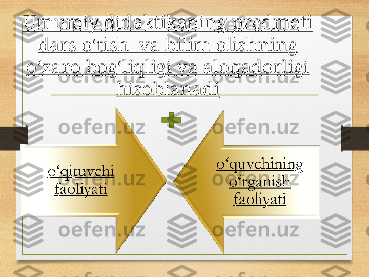 Umumiy didaktikaning predmeti 
dars o‘tish  va bilim olishning 
o‘zaro bog‘liqligi va aloqadorligi 
hisoblanadi 