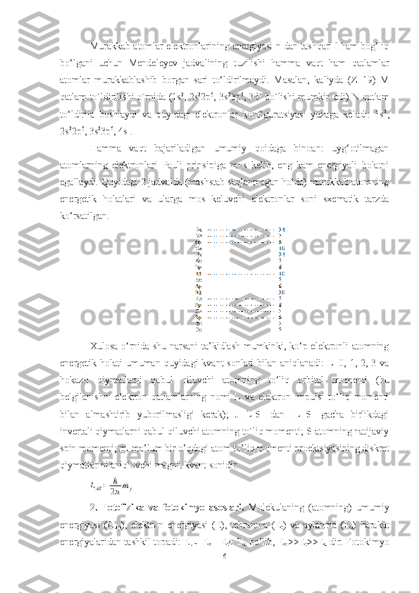 Murakkab atomlar elektronlarining energiyasi n dan tashqari l ham bog‘liq
bo‘lgani   uchun   Mendeleyev   jadvalining   tuzilishi   hamma   vaqt   ham   qatlamlar
atomlar   murakkablashib   borgan   sari   to‘ldirilmaydi.   Masalan,   kaliyda   (Z=19)   M
qatlam to`ldirilishi o`rnida (1s 2
, 2s 2
2p 6
, 3s 2
3p 6
, 3d 1
  bo`lishi mumkin edi) N qatlam
to‘ldirila   boshlaydi   va   quyidagi   elektronlar   konfiguratsiyasi   yuzaga   keladi:   1s 2
,
2s 2
2p 6
, 3s 2
3p 6
, 4s 1
. 
Hamma   vaqt   bajariladigan   umumiy   qoidaga   binoan:   uyg‘otilmagan
atomlarning   elektronlari   Pauli   prinsipiga   mos   kelib,   eng   kam   energiyali   holatni
egallaydi. Quyidagi 2-jadvalda (mashstab saqlanmagan holda) murakkab atomning
energetik   holatlari   va   ularga   mos   keluvchi   elektronlar   soni   sxematik   tarzda
ko‘rsatilgan.
Xulosa o‘rnida shu narsani ta’kidlash mumkinki, ko‘p elektronli atomning
energetik holati  umuman quyidagi  kvant sonlari  bilan aniqlanadi:  L=0, 1, 2, 3 va
hokazo   qiymatlarni   qabul   qiluvchi   atomning   to‘liq   orbital   momenti   (bu
belgilanishni   elektron   qatlamlarning   nomi   L   va   elektron   impulsi   to‘liq   momenti
bilan   almashtirib   yuborilmasligi   kerak);   J-[L-S]   dan   [L+S]   gacha   birlikdagi
invertali qiymatlarni qabul qiluvchi atomning to`liq momenti; S-atomning natijaviy
spin momenti; m
τ  ma’lum bir o’qdagi atom to’liq momenti proektsiyasining diskret
qiymatlarini aniqlovchi magnit kvant sonidir.
L
AZ = h
2 π m
j     
2.   Fotofizika   va   fotokimyo   asoslari.   Molekulaning   (atomning)   umumiy
energiyasi   (Е
um ),   elektron   energiyasi   (E),   tebranma   (E
t )   va   aylanma   (E
a )   harakat
energiyalaridan tashkil topadi: E
um =E
el + E
t + E
a  bo’lib, E
el >>E
t >>E
a  dir. Fotokimyo
6 