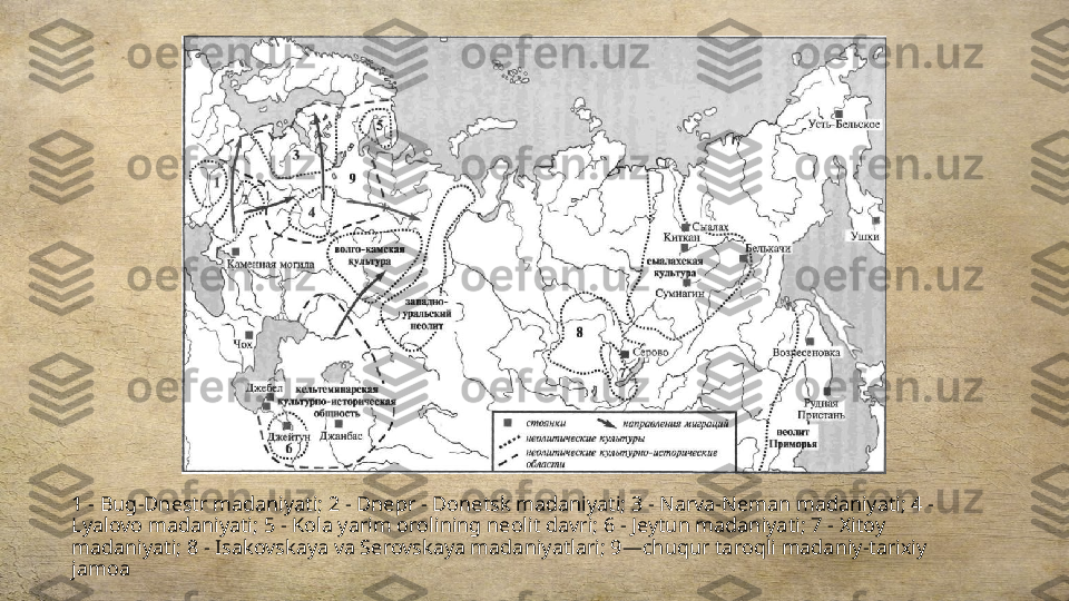 1 - Bug-Dnestr madaniyati; 2 - Dnepr - Donetsk madaniyati; 3 - Narva-Neman madaniyati; 4 - 
Lyalovo madaniyati; 5 - Kola yarim orolining neolit davri; 6 - Jeytun madaniyati; 7 - Xitoy 
madaniyati; 8 - Isakovskaya va Serovskaya madaniyatlari; 9—chuqur taroqli madaniy-tarixiy 
jamoa 