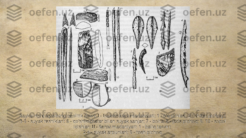 Baykal mintaqasining neolitik davri: I - Isakovskaya madaniyati; 1 - o'q uchlari; 2 - shifer pichog'i; 
3-5 - suyak teshiklari; 6 - qo'shimchalar bilan suyak xanjar; 7 - bolta; 8 - jade pichoq; 9, 10 - sopol 
idishlar; II - Serov madaniyati: 1 - baliq tasviri; 
2-4 - suyak arpunlari; 5 - tosh pichoq. 