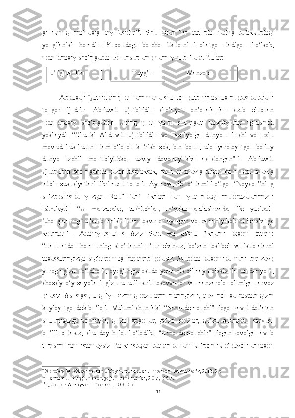 yillikning   ma’naviy   qiyofasidir” 9
.   Shu   bilan   bir   qatorda   badiiy   tafakkurdagi
yangilanish   hamdir.   Yuqoridagi   barcha   fikrlarni   inobatga   oladigan   bo‘lsak,
noan’anaviy she’riyatda uch unsur: aniq namoyon bo‘ladi. Bular:
Abduvali Qutbiddin ijodi ham mana shu uch qutb birlashuv nuqtasida tajalli
topgan   ijoddir.   Abduvali   Qutbiddin   she’riyati   an’analardan   sizib   chiqqan
noan’anaviy   she’riyatdir.   Uning   ijodi   ya’ni   she’riyati   kashfiyotlar   og‘ushida
yashaydi.   “Chunki   Abduvali   Qutbiddin   va   Faxriyorga   dunyoni   boshi   va   oxiri
mavjud   bus-butun   olam   o‘laroq   ko‘rish   xos,   binobarin,   ular   yaratayotgan   badiiy
dunyo   izchil   mantiqiylikka,   uzviy   davomiylikka   asoslangan” 10
.   Abduvali
Qutbiddin   she’riyatida   nazar   tashlaksak,   ham   an’anaviy   talqin   ham   noan’anaviy
talqin xususiyatlari fikrimizni tortadi. Ayniqsa, ilk to‘plami bo‘lgan “Nayson”ning
so‘zboshisida   yozgan   Rauf   Parfi   fikrlari   ham   yuqoridagi   mulohazalarimizni
isbotlaydi:   “U   manzaralar,   tashbehlar,   ro‘yolar   aralashuvida   fikr   yuritadi.
Ohanglarning turlanib turishi bilan tasvir etilayotgan voqea ruhiy holatni harakatga
keltiradi” 11
.   Adabiyotshunos   Aziz   Said   esa   ushbu   fikrlarni   davom   ettirib:
“Haqiqatdan   ham   uning   she’rlarini   o‘qir   ekansiz,   ba’zan   tashbeh   va   istioralarni
tavassuringizga   sig‘dirolmay   hapqirib   qolasiz.   Mutolaa   davomida   nurli   bir   zavq
yuragingizni to‘ldiradi, oyog‘ingiz ostida yerni his qilmay qolasiz, butun dunyoni,
shaxsiy  o‘y-xayollaringizni  unutib sirli  tasavvurlar  va  manzaralar  olamiga parvoz
qilasiz.  Asosiysi,   u go‘yo sizning  orzu-armonlaringizni, quvonch  va  hasratingizni
kuylayotgandek bo‘ladi. Muhimi shundaki, “Nima demoqchi” degan savol daf’atan
shuuringizga   kelmaydi,   go‘zal   xayollar,   go‘zal   so‘zlar,   go‘zal   ohangdan   sarxush
bo‘lib   qolasiz,   shunday   holat   bo‘ladiki,   “nima   demoqchi?”   degan   savolga   javob
topishni ham istamaysiz. Balki istagan taqdirida ham ko‘pchilik o‘quvchilar javob
9
  Xolbekov M. XX asr modern adabiyoti manzaralari. –Toshkent: Mumtoz so’z, 2012, 9-b.
10
  Hamdam U. Yangilanish ehtiyoji. –Toshkent: Fan, 2007, 166-b.
11
  Qutbiddin A. Nayson. –Toshkent, 1988. 3-b.
11Original fikr Tuyg’u Manzara  