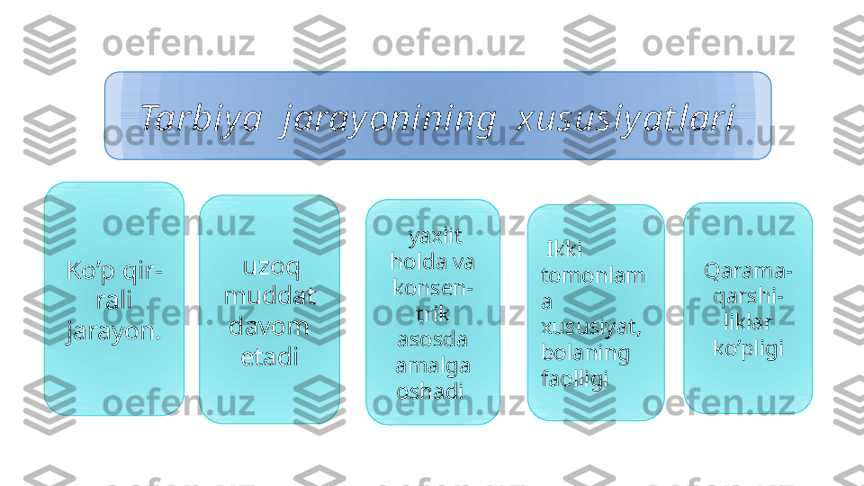 Tarbiya  jaray onining  xususiyat lari
Ko’p qir-
rali 
jarayon .   uzoq 
muddat 
davom 
etadi   yaxlit 
holda va 
konsen-
trik 
asosda 
amalga 
oshadi    Ikki 
tomonlam
a 
xususiyat,
bolaning 
faolligi Qarama-
qarshi-
liklar 
ko’pligi 