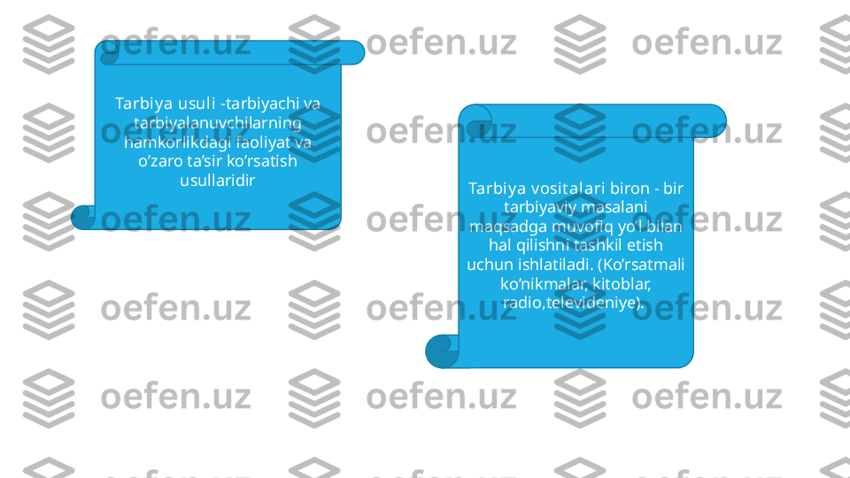 Tarbiy a usuli  -tarbiyachi va 
tarbiyalanuvchilarning 
hamkorlikdagi faoliyat va 
o’zaro ta’sir ko’rsatish 
usullaridir
Tarbiy a v osit alari  biron - bir 
tarbiyaviy masalani 
maqsadga muvofiq yo’l bilan 
hal qilishni tashkil etish 
uchun ishlatiladi. (Ko’rsatmali 
ko’nikmalar, kitoblar, 
radio,televideniye).  