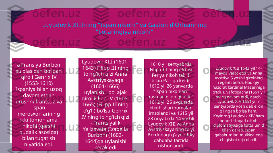 Luy udov ik  X IIIning " Ispan nik ohi"  v a Gast on d'Orl eanning 
" Lot aringiy a nik ohi"
a Fransiya Burbon 
sulolasidan bo‘lgan 
qiroli Genrix IV 
(1553-1610) 
Ispaniya bilan uzoq 
davom etgan 
urushni frantsuz va 
ispan 
merosxo'rlarining 
ikki tomonlama 
nikohi (qarshi 
qudalik asosida) 
bilan tugatish 
niyatida edi. Lyudovik XIII (1601-
1643) Filipp III ning 
to'ng'ich qizi Anna 
Avstriyskayaga 
(1601-1666) 
uylanishi, bo'lajak 
qirol Filipp IV (1605-
1665) (Filipp IIIning 
o‘g‘li) bo‘lsa Genrix 
IV ning to'ng'ich qizi 
- Frantsiyalik 
Yelizaveta (Izabella 
Burbon) (1602-
1644)ga uylanishi 
kerak edi 1610 yil sentyabrda 
Filipp III ning elchisi 
Feriya nikoh taklifi 
bilan Parijga keldi. 
1612 yil 26 yanvarda 
"Ispan nikohlari" 
rasman e'lon qilindi." 
1612 yil 25 avgustda 
nikoh shartnomalari 
imzolandi va 1615 yil 
28 noyabrda 14 yoshli 
Lyudovik XIII va Anna 
Avstriyskayaning to'yi 
Bordodagi g'ayrioddiy 
dabdaba tarzida 
nishonlandi. Lyudovik XIII 1643-yil 14-
mayda vafot etdi va Anna 
Avstriya 5 yoshli qirolning 
regenti boʻldi. Haqiqiy 
nazorat kardinal Mazariniga 
o'tdi, u vafotigacha (1661 yil 
mart) davom etdi, garchi 
Lyudovik XIV 1651 yil 7 
sentyabrda yosh deb e'lon 
qilingan bo'lsa ham. 
Keyinroq Lyudovik XIV ham 
bobosi singari nikoh 
diplomatiyasiga katta umid 
bilan qarab, Ispan 
gabsburglari mulkiga ega 
chiqishni reja qiladi.        