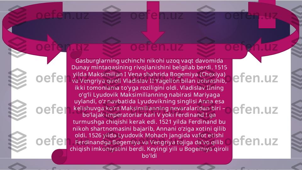 Gasburglarning uchinchi nik ohi uzoq v aqt  dav omida 
Dunay  mint aqasining riv oj lanishini belgilab berdi. 1515 
y ilda Mak similian I Vena shahrida Bogemiy a (Chex iy a) 
v a Vengriy a qiroli Vl adislav  II Yagellon bil an uchrashib, 
ik k i  t omonlama t o'y ga rozi ligini oldi. Vladislav  IIning 
o‘g‘li Ly udov ik  Mak simili anni ng nabirasi  Mari y aga 
uy l andi , o‘z nav bat ida Ly udov ik ning singli si A nna esa 
k eli shuv ga k o‘ra Mak similianning nev aralari dan biri – 
bo‘lajak  imperat orlar K arl  V  y ok i Ferdinand I ga 
t urmushga chiqishi k erak  edi . 1521 y ilda Ferdinand bu 
nik oh shart nomasini baj ari b, A nnani  o‘ziga xot ini qilib 
oldi. 1526 y ilda Ly udov ik  Mohach j angida v afot  et ishi 
Ferdinandga Bogemiy a v a Vengriy a t oji ga da’v o qi lib 
chiqi sh imk oniy at ini berdi. Key ingi y ili u Bogemiy a qiroli 
bo'ldi        