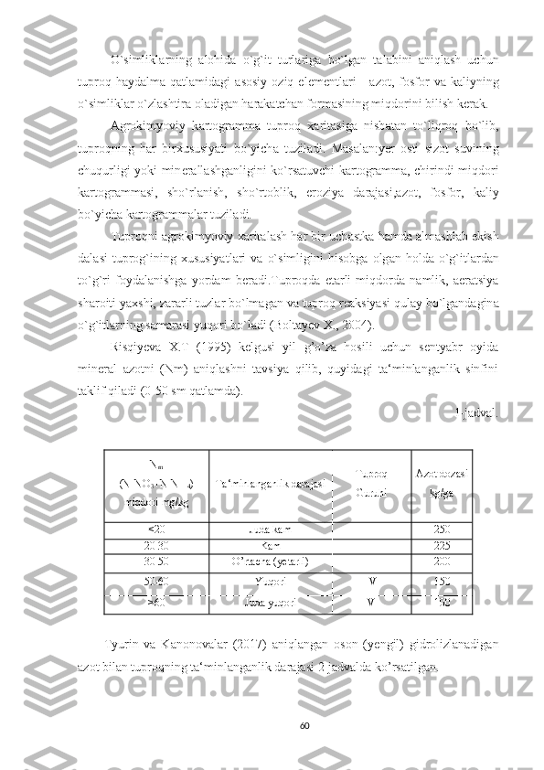 O`simlikl а rning   а l о hid а   o`g`it   turl а rig а   bo`lg а n   t а l а bini   а niql а sh   uchun
tupr о q  h а yd а lm а   q а tl а mid а gi   а s о siy   о ziq  el е m е ntl а ri   -   а z о t,  f о sf о r   v а   k а liyning
o`simlikl а r o`zl а shtir а   о l а dig а n h а r а k а tch а n f о rm а sining miqd о rini bilish k е r а k.
А gr о kimyoviy   k а rt о gr а mm а   tupr о q   ха rit а sig а   nisb а t а n   to`liqr о q   bo`lib,
tupr о qning   h а r   bir х ususiyati   bo`yich а   tuzil а di.   M а s а l а n:y е r   о sti   siz о t   suvining
chuqurligi yoki min е r а ll а shg а nligini ko`rs а tuvchi k а rt о gr а mm а , chirindi miqd о ri
k а rt о gr а mm а si,   sho`rl а nish,   sho`rt о blik,   er о ziya   d а r а j а si, а z о t,   f о sf о r,   k а liy
bo`yich а  k а rt о gr а mm а l а r tuzil а di.
Tupr о qni   а gr о kimyoviy  ха rit а l а sh h а r bir uch а stk а  h а md а   а lm а shl а b ekish
d а l а si  tupr о g`ining   х ususiyatl а ri  v а   o`simligini  his о bg а   о lg а n  h о ld а   o`g`itl а rd а n
to`g`ri   f о yd а l а nishg а   yord а m   b е r а di.Tupr о qd а   е t а rli   miqd о rd а   n а mlik,   а er а tsiya
sh а r о iti ya х shi, z а r а rli tuzl а r bo`lm а g а n v а  tupr о q r еа ksiyasi qul а y bo`lg а nd а gin а
o`g`itl а rning s а m а r а si yuq о ri bo`l а di  (Boltayev X., 2004) .
Risqiyeva   X.T   (1995)   kelgusi   yil   g’o’za   hosili   uchun   sentyabr   oyida
mineral   azotni   (Nm)   aniqlashni   tavsiya   qilib,   quyidagi   ta‘minlanganlik   sinfini
taklif qiladi (0-50 sm qatlamda).
1-jadval.
N
m  
(N-N O
3 +N-NН
4 )
miqdori mg/kg Ta‘minlanganlik darajasi Tuproq
Guruhi Azot   dozasi
kg/ga
<20 Juda kam I 250
20-30 Kam II 225
30-50 O’ rtacha ( y etarli) III 200
50-60 Yuqori IV 150
>60 Juda yuqori V 100
Tyurin   va   Kanonova lar   (2017)   aniqlangan   oson   ( y engil)   gidrolizlanadigan
azot bilan tuproqning ta‘minlanganlik darajasi  2-jadvalda ko’rsatilgan.
60 