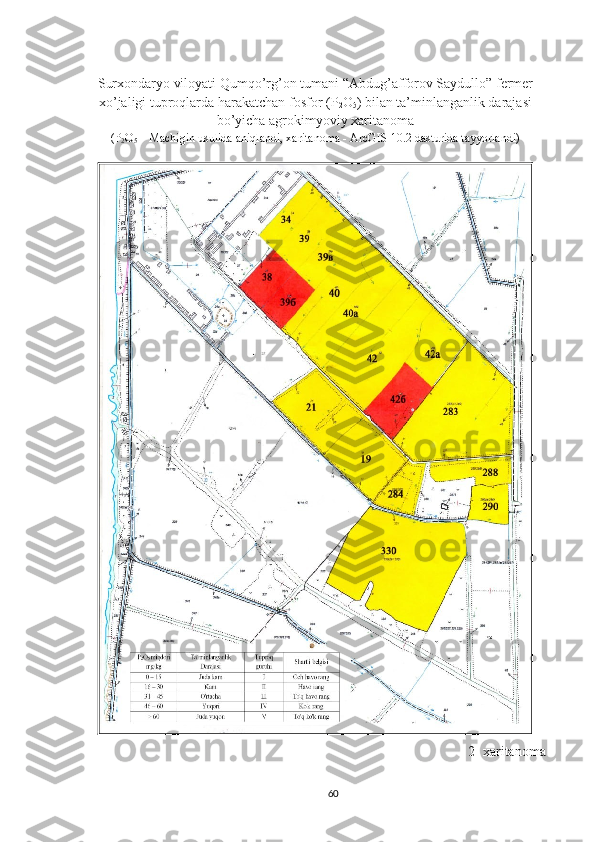 Surx o ndaryo viloyati  Qumqo’rg’on  tumani “Abdug’afforov  S aydullo” fermer
xo’jaligi  tuproqlarda harakatchan fosfor (P
2 O
5 ) bilan ta’minlanganlik darajasi
bo’yicha agrokimyoviy xaritanoma 
(P
2 O
5  – Machigin usulida aniqlandi, xaritanoma - ArcGIS 10.2 dasturida tayyorlandi)
                                 2- xaritanoma
60 