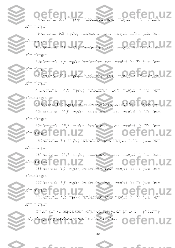 38-konturda   26,7   mg/kg   harakatchan   azot   mavjud   bo’lib   o’rtacha
ta’minlangan.
39-konturda   9,2   mg/kg   harakatchan   azot   mavjud   bo’lib   juda   kam
ta’minlangan.
39b-konturda   25   mg/kg   harakatchan   azot   mavjud   bo’lib   o’rtacha
ta’minlangan.
39v-konturda   8,6   mg/kg   harakatchan   azot   mavjud   bo’lib   juda   kam
ta’minlangan.
40-konturda   24,2   mg/kg   harakatchan   azot   mavjud   bo’lib   o’rtacha
ta’minlangan.
40a-konturda   14,6   mg/kg   harakatchan   azot   mavjud   bo’lib   kam
ta’minlangan.
42-konturda 15,0 mg/kg harakatchan azot mavjud bo’lib kam ta’minlangan.
42a-konturda   14,8   mg/kg   harakatchan   azot   mavjud   bo’lib   kam
ta’minlangan.
42b-konturda   13,7   mg/kg   harakatchan   azot   mavjud   bo’lib   kam
ta’minlangan.
283-konturda   7,9   mg/kg   harakatchan   azot   mavjud   bo’lib     juda   kam
ta’minlangan.
284-konturda   14,7   mg/kg   harakatchan   azot   mavjud   bo’lib   kam
ta’minlangan.
288-konturda   7,0   mg/kg   harakatchan   azot   mavjud   bo’lib   juda   kam
ta’minlangan.
290-konturda   5,8   mg/kg   harakatchan   azot   mavjud   bo’lib   juda   kam
ta’minlangan.
330-konturda   6,2   mg/kg   harakatchan   azot   mavjud   bo’lib   juda   kam
ta’minlangan.
Chiqarilgan  xulosaga   asosan   xo’jalikga   tavsiya   etilgan  azotli   o’g’itlarning
me’yorlariga qo’yidagi tuzatish koeffisientlari kiritiladi.
60 