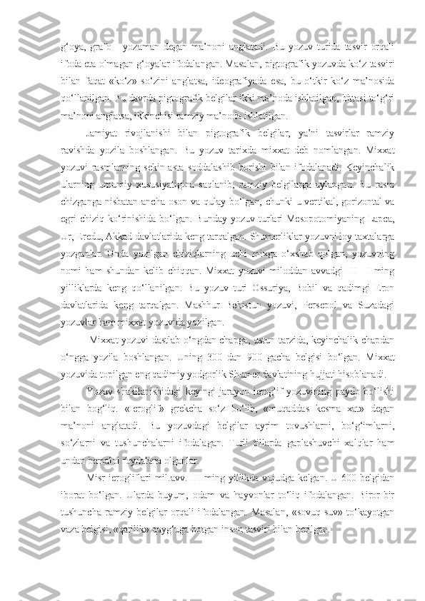 g‘oya,   grafo   -   yozaman   degan   ma’noni   anglatadi.   Bu   yozuv   turida   tasvir   orqali
ifoda eta olmagan g‘oyalar ifodalangan. Masalan, pigtografik yozuvda ko‘z tasviri
bilan   faqat   «ko‘z»   so‘zini   anglatsa,   ideografiyada   esa,   bu   o‘tkir   ko‘z   ma’nosida
qo‘llanilgan. Bu davrda pigtografik belgilar ikki ma’noda ishlatilgan, bittasi to‘g‘ri
ma’noni anglatsa, ikkinchisi ramziy ma’noda ishlatilgan.
Jamiyat   rivojlanishi   bilan   pigtografik   belgilar,   ya’ni   tasvirlar   ramziy
ravishda   yozila   boshlangan.   Bu   yozuv   tarixda   mixxat   deb   nomlangan.   Mixxat
yozuvi   rasmlarning   sekin-asta   soddalashib   borishi   bilan   ifodalanadi.   Keyinchalik
ularning   umumiy   xususiyatigina   saqlanib,   ramziy   belgilarga   aylangan.   Bu   rasm
chizganga nisbatan  ancha oson va qulay bo‘lgan, chunki  u ver tikal, gorizontal  va
egri  chiziq  ko‘rinishida bo‘lgan. Bunday yozuv  turlari  Mesopotomiyaning  Lapca,
Ur, Eredu, Akkad davlatlarida keng tarqalgan. Shumerliklar yozuvni loy taxtalarga
yozganlar.   Unda   yozilgan   chiziqlarning   uchi   mixga   o‘xshab   qolgan,   yozuvning
nomi   ham   shundan   kelib   chiqqan.   Mixxat   yozuvi   miloddan   avvadgi   III—I   ming
yilliklarda   keng   qo‘llanilgan.   Bu   yozuv   turi   Ossuriya,   Bobil   va   qadimgi   Eron
davlatlarida   keng   tarqalgan.   Mashhur   Behistun   yozuvi,   Persepol   va   Suzadagi
yozuvlar ham mixxat yozuvida yozilgan.
  Mixxat yozuvi dastlab o‘ngdan chapga, ustun tarzida, keyinchalik chapdan
o‘ngga   yozila   boshlangan.   Uning   300   dan   900   gacha   belgisi   bo‘lgan.   Mixxat
yozuvida topilgan eng qadimiy yodgorlik Shumer davlatining hujjati hisoblanadi.
Yozuv   shakllanishidagi   keyingi   jarayon   ieroglif   yozuvining   paydo   bo‘lishi
bilan   bog‘liq.   «Ieroglif»   grekcha   so‘z   bo‘lib,   «muqaddas   kesma   xat»   degan
ma’noni   anglatadi.   Bu   yozuvdagi   belgilar   ayrim   tovushlarni,   bo‘g‘imlarni,
so‘zlarni   va   tushunchalarni   ifodalagan.   Turli   tillarda   gaplashuvchi   xalqlar   ham
undan bemalol foydalana olganlar.
Misr  ierogliflari  mil.avv. III  ming yillikda vujudga kelgan.  U 600 belgidan
iborat   bo‘lgan.   Ularda   buyum,   odam   va   hayvonlar   to‘liq   ifodalangan.   Biror-bir
tushuncha   ramziy   belgilar   orqali   ifodalangan.   Masalan,   «sovuq-suv»   to‘kayotgan
vaza belgisi, «qarilik» qayg‘uga botgan inson tasviri bilan berilgan. 