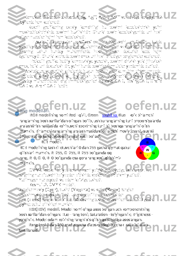 demakdir.   Bulardan   tashqari   *.jpg,   *.gif,   *.pdf,   *.tiff   va   boshqa   kengaytmali
fayllarda ham saqlanadi.
  Rastrli   grafikaning   asosiy   kamchiligi   bu   tasvirni   kattalashtirish   ya’ni
masshtablashtirishda   tasvirni   buzilishidir.   Chunki   tasvir   kattalashganida   uni   hosil
qilgan nuqtalar hajmi ham kattalashadi.
    Fraktalli   kompyuter   grafikasi- esa   hisoblanuvchi   grafikadir.   Bunda
yaratilayotgan tasvirlar tenglamalar va ularning sistemalari vositasida hosil qilinadi.
Shuning   uchun   bunday   muharrirlarda   hosil   qilingan   dasturlar   katta   hajm
egallamaydi. Chunki xotirada tasvir emas uni hosil qiladigan tenglamalar saqlanadi.
       Fraktalli grafika badiiy kompozisiya yaratish, tasvirni chizish yoki jihozlash
emas, balki uni dasturlash-dir, ya’ni bunda tasvirlar formulalar yordamida quriladi. 
Arxitektura va qurilish sohalarida bugun fraktalli grafika muhim o’rin tutmoqda.
Jumladan   konstruktorlik   va   loyihalash   jamda   dizaynerlik-jihozlash   ishlarida.
Bunday  muharrirlardan  eng  ommalashganlari  bu   Avto  CAD,  DesingCAD,  Grafic
CAD  va   Archi CAD   lardir. 
Rang modellari.
 RGB modeli ning nomi   Red   - qizil,   Green   –   yashil        va        Blue   – ko’k birlamchi 
ranglarning bosh xarflaridan olingan bo’lib, ushbu ranglarning turli proporsiyalarda 
aralashtirish natijasida ko’rinuvchi spektrning turli hil boshqa ranglarini olish 
mumkin. Birlamchi ranglarning aralashmasidan ikkilamchi moviy (cyan), pushti 
(magenta) va sariq (yellow) ranglar xosil bo’ladi.  
  RGB modeli.  
RGB modelining tashkil etuvchilari 0 dan 255 gacha qiymat qabul 
qilishlari mumkin.   R =255,   G =255,   B =255 bo’lganda oq 
rang,   R =0,   G =0,   B =0 bo’lganda esa qora rang xosil qilishimiz 
mumkin.  
CMYK modeli   bo’yoqlarning nurni yo’tish qobiliyatiga asoslangan. Oq 
rangning nur o’tuvchi bo’yoqdan o’tishida spektrning bir qismi yutiladi. 
Yutilmagan nur qaytadi va odam ko’ziga tushadi.  
Rasm. 1.2.   CMYK modeli.  
Ranglar moviy   (Cyan) , pushti   (Magenta)   va sariq   (Yellow)   ranglar 
aralashmasidan paydo bo’ladi. Ularning to’liq aralashmasidan 
qora   (blacK)   rang xosil bo’ladi. Modelining tashkil etuvchilari 0 dan 100 gacha 
qiymat qabul qilishlari mumkin.  
HSB(HSV)   modeli . Model nomi o’nga asos bo’lgan uch komponentning 
bosh xarflaridan olingan: Hue - rang toni; Saturation - to’yinganlik; Brightness - 
yorqinlik. Model odam ko’zining rangni xis qilish qobiliyatiga asoslangan.
Rang toni   0 dan 360 gradusgacha diapszondagi burchak kattaligi bilan 
tavsiflanadi.  
  