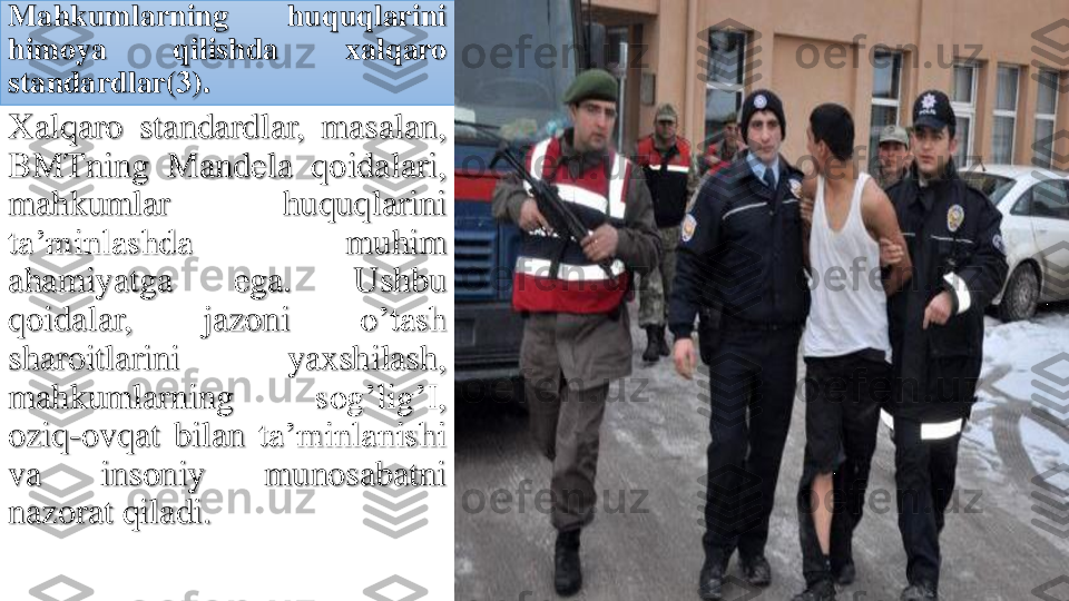 Mahkumlarning	huquqlarini	
himoya	qilishda	xalqaro	
standardlar	(3	).	
Xalqaro	standardlar	,	masalan	,	
BMTning	Mandela	qoidalari	,	
mahkumlar	huquqlarini	
ta’minlashda	muhim	
ahamiyatga	ega	.	Ushbu	
qoidalar	,	jazoni	o’tash	
sharoitlarini	yaxshilash	,	
mahkumlarning	sog’lig’I	,	
oziq	-	ovqat	bilan	ta’minlanishi	
va	insoniy	munosabatni	
nazorat	qiladi	. 