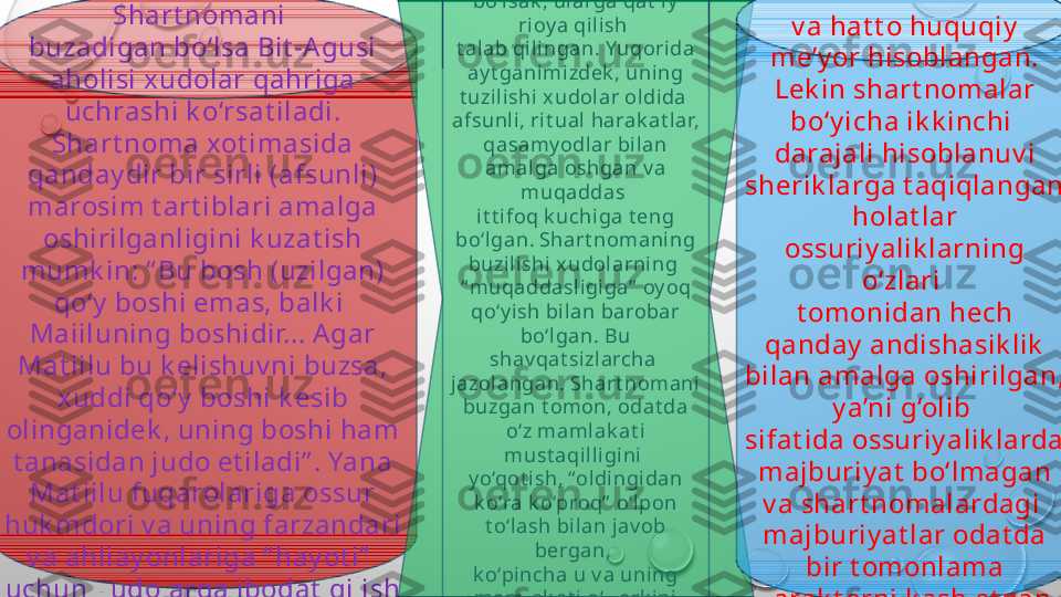 Shart nomani 
buzadigan bo‘lsa Bit -Agusi 
aholisi xudolar qahriga 
uchrashi k o‘rsat iladi. 
Shart noma xot imasida 
qanday dir bir sirli (afsunli) 
marosim t art iblari amalga 
oshirilganligini k uzat ish 
mumk in: “ Bu bosh (uzilgan) 
qo‘y  boshi emas, balk i 
Maiiluning boshidir... Agar 
Mat iilu bu k elishuv ni buzsa, 
xuddi qo‘y  boshi k esib 
olinganidek , uning boshi ham 
t anasidan judo et iladi” . Yana 
Mat iilu fuqarolariga ossur 
huk mdori v a uning farzandari 
v a ahliay onlariga “ hay ot i”  
uchun x udolarga ibodat  qilish 
majburiy at i y uk langan. Shart nomalar 
mazmuniga k eladigan 
bo‘lsak , ularga qat ’iy  
ri oya qilish 
t alab qili ngan. Yuqorida 
ay t ganimizdek , uning 
t uzili shi  x udolar oldida 
afsunli , rit ual harak at lar, 
qasamy odlar bilan 
amalga oshgan v a 
muqaddas 
it t ifoq k uchi ga t eng 
bo‘lgan. Shart nomaning 
buzil ishi xudol arning 
“ muqaddasl igiga”  oy oq 
qo‘y ish bilan barobar 
bo‘lgan. Bu 
shav qat sizlarcha 
jazolangan. Shart nomani 
buzgan t omon, odat da 
o‘z maml ak at i 
must aqil ligini 
y o‘qot ish, “ol dingidan 
k o‘ra k o‘proq”  o‘lpon 
t o‘lash bilan jav ob 
bergan, 
k o‘pi ncha u v a uning 
mamlak at i o‘z erk ini 
y o‘qot ib, asirli k k a ol ib 
k et il gan v a hat t o huquqiy  
me’y or hisoblangan. 
Lek in shart nomalar 
bo‘y icha ik k inchi 
darajali hisoblanuv i 
sherik larga t aqiqlangan 
holat lar 
ossuriy alik larning 
o‘zlari 
t omonidan hech 
qanday  andishasik lik  
bilan amalga oshirilgan, 
y a’ni g‘olib 
sifat ida ossuriy alik larda 
majburiy at  bo‘lmagan 
v a shart nomalardagi 
majburiy at lar odat da 
bir t omonlama 
xarak t erni k asb et gan 