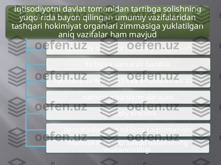 Iqtisodiyotni davlat tomonidan tartibga solishning 
yuqo-rida bayon qilingan umumiy vazifalaridan 
tashqari hokimiyat organlari zimmasiga yuklatilgan 
aniq vazifalar ham mavjud
iqt isodiy  o'sish v a iqt isodiy  riv ojlanish
t o'liq v a samarali bandlik
iqt isodiy  samaradorlik k a erishishni k o'zlash
narxning barqaror darajasi
iqt isodiy  erk inlik
daromadlarning odilona t aqsimlanishi
mamlak at  t ashqi sav do balansining 
mut anosibligi                