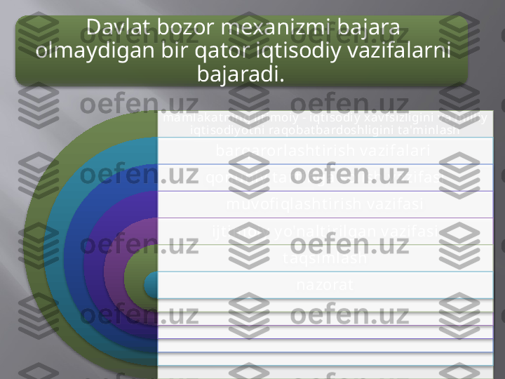 Davlat bozor mexanizmi bajara 
olmaydigan bir qator iqtisodiy vazifalarni 
bajaradi. 
mamlak at ning ijt imoiy  - iqt isodiy  xav fsizligini v a milliy  
iqt isodiy ot ni raqobat bardoshligini t a'minlash
barqarorlasht irish v azifalari 
qonuniy  t art ibga solish v azifasi
muv ofi qlasht irish v azifasi
ijt imoiy  y o'nalt irilgan v azifasi
t aqsimlash
nazorat                       