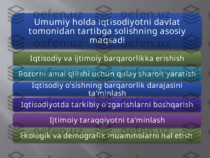 Umumiy  holda iqt isodiy ot ni dav lat  
t omonidan t art ibga solishning asosiy  
maqsadi
Iqt isodiy  v a ijt imoiy  barqarorlik k a erishish
Bozorni amal qilishi uchun qulay  sharoit  y arat ish
Iqt isodiy  o'sishning barqarorlik  darajasini 
t a'minlash
Iqt isodiy ot da t ark ibiy  o'zgarishlarni boshqarish
Ijt imoiy  t araqqiy ot ni t a'minlash
Ek ologik  v a demografi k  muammolarni hal et ish         