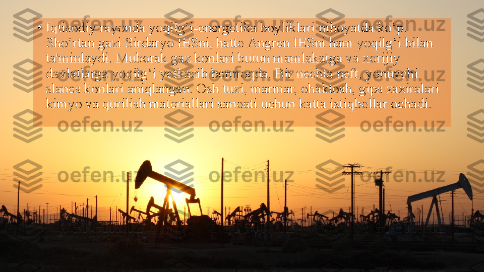 •
Iqtisodiy rayonda yoqilg‘i-energetika boyliklari nihoyatda ko‘p. 
Sho‘rtan gazi Sirdaryo IESni, hatto Angren IESni ham yoqilg‘i bilan 
ta'minlaydi. Muborak gaz konlari butun mamlakatga va xorijiy 
davlatlarga yoqilg‘i yetkazib bermoqda. Bir nechta neft, yonuvchi 
slanes konlari aniqlangan. Osh tuzi, marmar, ohaktosh, gips zaxiralari 
kimyo va qurilish materiallari sanoati uchun katta istiqbollar ochadi.  