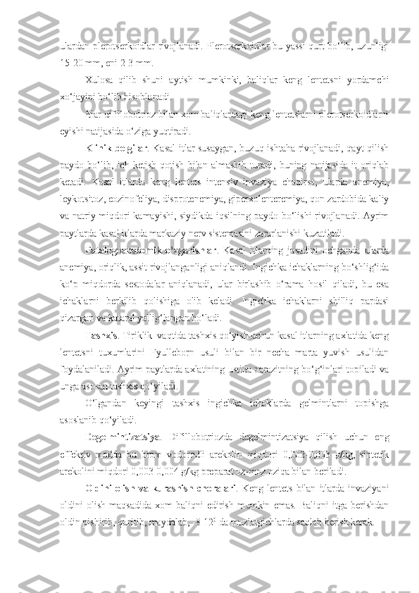 ulardan plerotserkoidlar rivojlanadi. Plerotserkoidlar bu yassi qurt bo‘lib, uzunligi
15-20 mm, eni 2-3 mm.
Xulosa   qilib   shuni   aytish   mumkinki,   baliqlar   keng   lentetsni   yordamchi
xo‘jayini bo‘lib hisoblanadi.
Itlar difillobotrioz bilan xom baliqlardagi keng lentetslarni plerotserkoidlarni
eyishi natijasida o‘ziga yuqtiradi.
Klinik belgilar . Kasal  itlar susaygan, buzuq ishtaha rivojlanadi, qayt qilish
paydo   bo‘lib,   ich   ketish   qotish   bilan   almashib   turadi,   buning   natijasida   it   oriqlab
ketadi.   Kasal   itlarda   keng   lentets   intensiv   invaziya   chaqirsa,   ularda   anemiya,
leykotsitoz, eozinofeliya, disprotenemiya, giperxolenteremiya, qon zardobida kaliy
va natriy miqdori kamayishi, siydikda iqsilning paydo bo‘lishi rivojlanadi. Ayrim
paytlarda kasal itlarda markaziy nerv sistemasini zararlanishi kuzatiladi.
Patalogoanatomik   o‘zgarishlar .   Kasal   itlarning   jasadini   ochganda   ularda
anemiya, oriqlik, assit rivojlanganligi aniqlandi. Ingichka ichaklarning bo‘shlig‘ida
ko‘p   miqdorda   sestodalar   aniqlanadi,   ular   birlashib   o‘rama   hosil   qiladi,   bu   esa
ichaklarni   berkilib   qolishiga   olib   keladi.   Ingichka   ichaklarni   shilliq   pardasi
qizargan va kataral yallig‘langan bo‘ladi. 
Tashxis . Tiriklik  vaqtida tashxis qo‘yish uchun kasal itlarning axlatida keng
lentetsni   tuxumlarini   Fyulleborn   usuli   bilan   bir   necha   marta   yuvish   usulidan
foydalaniladi. Ayrim paytlarda axlatining ustida parazitning bo‘g‘inlari topiladi va
unga asosan tashxis qo‘yiladi.
O‘lgandan   keyingi   tashxis   ingichka   ichaklarda   gelmintlarni   topishga
asoslanib qo‘yiladi.
Degelmintizatsiya .   Difillobotriozda   degelmintizatsiya   qilish   uchun   eng
effektiv   modda   bu   brom   vodorodli   arekolin   miqdori   0,002-0,003   g/kg,   sintetik
arekolini miqdori 0,003-0,004 g/kg preparat oz-moz oziqa bilan beriladi.
Oldini  olish  va  kurashish   choralari .  Keng  lentets   bilan   itlarda  invaziyani
oldini   olish   maqsadida   xom   baliqni   edirish   mumkin   emas.   Baliqni   itga  berishdan
oldin pishirib, quritib, maydalab, -8-12 0
 da muzlatgichlarda saqlab berish kerak.  