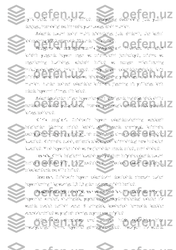 oylik   itlarda   ochiq   namoyon   bo‘ladi.   Invaziyaning   ekstensivligi   juda   yuqori
darajaga, intensivligi esa bir necha yuz nusxaga etishi mumkin.
Askarida   tuxumi   tashqi   muhit   ta’sirotlariga   juda   chidamli,   ular   karbol
kislotasining 5 % li eritmasida 22 kunda halok bo‘ladi.
Patogenez   va   patalogoanatomik   o‘zgarishlari .   Toksokara   lichinkalari
ko‘chib   yurganda   hayvon   organ   va   to‘qimalarini   jarohatlaydi,   to‘qima   va
organlarning   buzilishiga   sababchi   bo‘ladi   va   patogen   mikrofloraning
inokulyasiyalanishiga   imkon   beradi.   Jinsiy   etilgan   askaridalar   ichakda   ko‘p
to‘planib   uning   tiqilib   qolishiga   va   ichak   devorining   yorilishiga   sabab   bo‘lishi
mumkin.   Bundan   tashqari   askaridalar   ko‘pincha   jigarning   o‘t   yo‘llariga   kirib
odatda hayvonni o‘limga olib keladi.
Askaridatozlardan o‘lgan hayvonlar yorib ko‘rilganda ingichka ichak shilliq
pardasining   kataral   yallig‘lanishi,   intensiv   gemorragik   enterit,   ichak   yaralari
ko‘zga tashlanadi.
Klinik   belgilari.   Go‘shtxo‘r   hayvon   askaridatozlarining   xarakterli
belgilaridan   itlarning   oriqlab   ketishi,   shilliq   parda   anemiyasi,   ko‘pincha
asabiylashib ishtahaning yo‘qolishi, ich qotishi bilan almashinadigan ich ketishlar
kuzatiladi. Ko‘pincha qusish, epileptik talvasalanish ko‘rinishidagi nerv hodisalari
kuzatiladi. Y o sh hayvonlar o‘sish va rivojlanishdan orqada qoladi, qorni shishadi.
Tashxis.  Klinik  belgilarini kuzatish va Fyulleborn bo‘yicha askarida tuxumi
borligini   aniqlash   yo‘li   bilan   tasdiqlanadi.   Toksokara   tuxumi   katakchali,
toksakaridlarda esa silliq bo‘ladi.
Davolash.   Go‘shtxo‘r   hayvon   askaridozini   davolashda   piperazin   tuzlari
hayvonlarning 1 kg vazniga 0,2-0,3 g dan oziqaga qo‘shib beriladi.
Askaridatozlarga   qarshi   kurash   va   oldini   olish.   It   kataklari   va   mo‘ynali
hayvonlar   xonalari,   shuningdek,   yayratiladigan   maydonchalardagi   axlatlar   o‘z
vaqtida   tozalab   turilishi   zarur.   SHuningdek,   kavsharlash   lampasida   kataklar
zararsizlantiriladi va yog‘och qismiga qaynoq suv qo‘yiladi
Oldini   olish   choralariga   amal   qilingan   holda   askaridalar   bilan
invaziyalangan   hamma   hayvonlar   gelmintsizlantiriladi.   Invaziyani   o‘z   vaqtida 