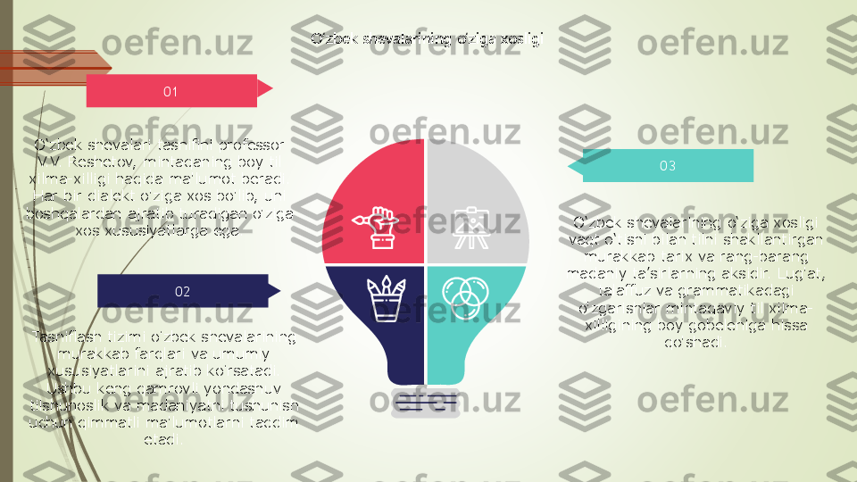 O‘zbek shevalarining o‘ziga xosligi	
03	
01	
02	
O‘zbek shevalari tasnifini professor 
V.V. Reshetov, mintaqaning boy til 
xilma	-xilligi haqida ma'lumot beradi. 	
Har bir dialekt o'ziga xos bo'lib, uni 
boshqalardan ajratib turadigan o'ziga 	
xos xususiyatlarga ega.	
Tasniflash tizimi o	ʻzbek shevalarining 	
murakkab farqlari va umumiy 	
xususiyatlarini ajratib ko	ʻrsatadi. 	
Ushbu keng qamrovli yondashuv 	
tilshunoslik va madaniyatni tushunish 
uchun qimmatli ma'lumotlarni taqdim 	
etadi.	
O‘zbek shevalarining o‘ziga xosligi 
vaqt o‘tishi bilan tilni shakllantirgan 	
murakkab tarix va rang	-barang 	
madaniy ta’sirlarning aksidir. Lug'at, 	
talaffuz va grammatikadagi 	
o'zgarishlar mintaqaviy til xilma	-	
xilligining boy gobeleniga hissa 	
qo'shadi. 