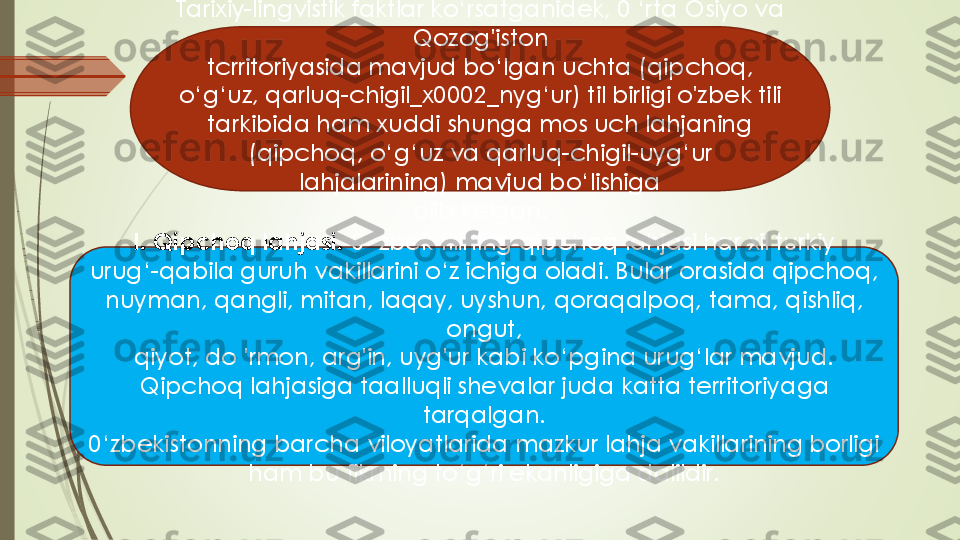 Tarixiy	-lingvistik faktlar ko‘rsatganidek, 0 ‘rta Osiyo va 	
Qozog'iston 	
tcrritoriyasida mavjud bo‘lgan uchta (qipchoq, 	
o‘g‘uz, qarluq	-chigil_x0002_nyg‘ur) til birligi o'zbek tili 	
tarkibida ham xuddi shunga mos uch lahjaning 	
(qipchoq, o‘g‘uz va qarluq	-chigil	-uyg‘ur 	
lahjalarining) mavjud bo‘lishiga 	
olib kelgan.	
I. Qipchoq lahjasi.	0 ‘zbek tilining qipchoq lahjasi har xil turkiy 	
urug‘	-qabila guruh vakillarini o‘z ichiga oladi. Bular orasida qipchoq,	
nuyman, qangli, mitan, laqay, uyshun, qoraqalpoq, tama, qishliq, 	
ongut,	
qiyot, do 'rmon, arg'in, uyg'ur kabi ko‘pgina urug‘lar mavjud.
Qipchoq lahjasiga taalluqli shevalar juda katta territoriyaga 	
tarqalgan. 	
0‘zbekistonning barcha viloyatlarida mazkur lahja vakillarining borligi 	
ham bu fikrning to‘g‘ri ekanligiga dalildir. 