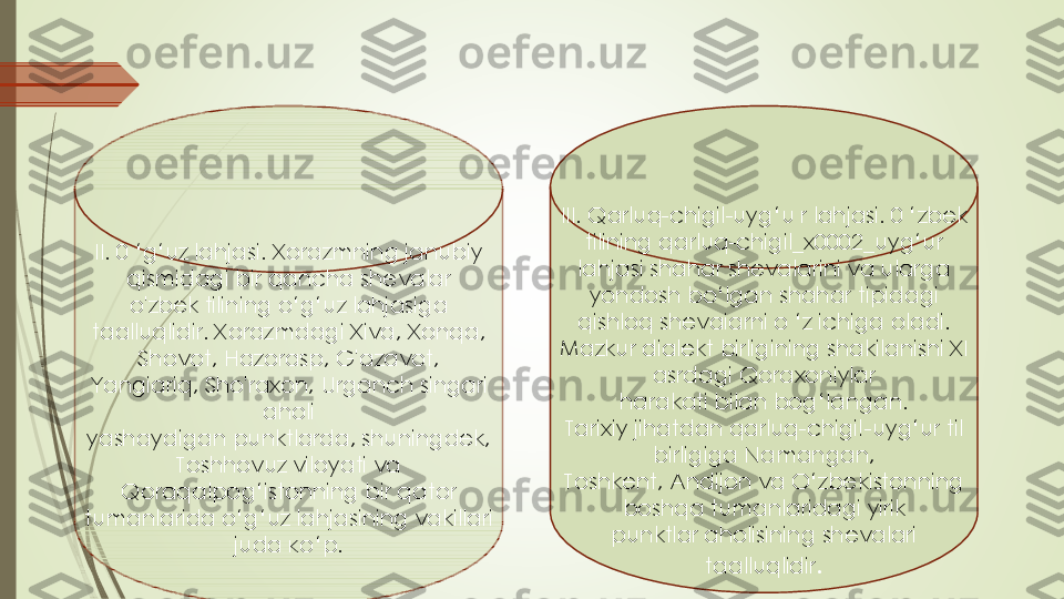 II. 0 ‘	g‘uz	lahjasi	. 	Xorazmning	janubiy	
qismidagi	bir	qancha	shevalar	
o'zbek	tilining	o‘g‘uz	lahjasiga	
taalluqlidir	. 	Xorazmdagi	Xiva	, 	Xonqa	, 	
Shovot	, 	Hazorasp	, 	G'azavot	, 	
Yangiariq	, 	Sho'raxon	, 	Urganch	singari	
aholi	
yashaydigan	punktlarda	, 	shuningdek	, 	
Toshhovuz	viloyati	va	
Qoraqalpog‘istonning	bir	qator	
tumanlarida	o‘g‘uz	lahjasining	vakillari	
juda	ко‘p	.	
III. 	Qarluq	-chigil	-uyg‘u	r 	lahjasi	. 0 ‘	zbek	
tilining	qarluq	-chigil_x0002_uyg‘ur 	
lahjasi	shahar	shevalarini	va	ularga	
yondosh	bo‘lgan	shahar	tipidagi	
qishloq	shevaiarni	o ‘z 	ichiga	oladi	.	
Mazkur	dialekt	birligining	shakilanishi	XI 	
asrdagi	Qoraxoniylar	
harakati	bilan	bog‘langan	.	
Tarixiy	jihatdan	qarluq	-chigi	!-uyg‘ur	til	
birligiga	Namangan	, 	
Toshkent	, 	Andijon	va	O‘zbekistonning	
boshqa	tumanlaridagi	yirik	
punktlar	aholisining	shevalari	
taalluqlidir	. 