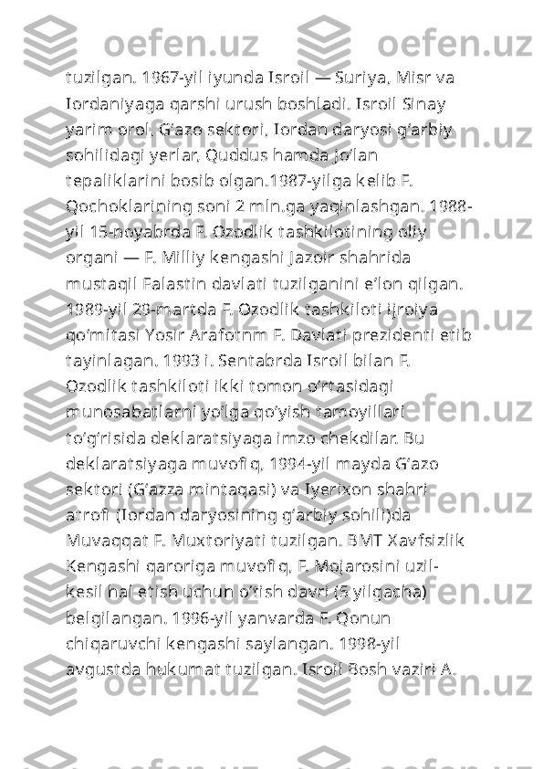 t uzilgan. 1967-y il iy unda Isroil — Suriy a, Misr v a 
Iordaniy aga qarshi  urush boshladi. Isroil Sinay  
y arim orol, Gʻazo sek t ori, Iordan dary osi gʻarbiy  
sohilidagi y erlar, Quddus hamda J oʻlan 
t epalik larini bosib olgan.1987-y ilga k elib F. 
Qochok larining soni  2 mln.ga y aqinlashgan. 1988-
y il 15-noy abrda F. Ozodlik  t ashk ilot i ning oliy  
organi — F. Milliy  k engashi J azoir shahrida 
must aqil Falast in dav lat i t uzilganini eʼlon qilgan. 
1989-y il 29-mart da F. Ozodlik  t ashk ilot i ijroiy a 
qoʻmit asi Yosir Arafot nm F. Dav lat i prezident i  et ib 
t ay inlagan. 1993 i. Sent abrda Isroil bilan F. 
Ozodlik  t ashk ilot i  ik k i t omon oʻrt asidagi 
munosabat larni y oʻlga qoʻy ish t amoy illari 
t oʻgʻrisida dek larat si y aga imzo chek dilar. Bu 
dek larat si y aga muv ofi q, 1994-y il may da Gʻazo 
sek t ori (Gʻazza mint aqasi) v a Iy erixon shahri 
at rofi  (Iordan dary osining gʻarbiy  sohili)da 
Muv aqqat  F. Muxt oriy at i t uzilgan. BMT X av fsizlik  
Kengashi qaroriga muv ofi q, F. Mojarosi ni uzil-
k esil hal et ish uchun oʻt i sh dav ri (5 y ilgacha) 
belgilangan. 1996-y il y anv arda F. Qonun 
chiqaruv chi k engashi  say langan. 1998-y il 
av gust da huk umat  t uzilgan. Isroil Bosh v aziri A.  