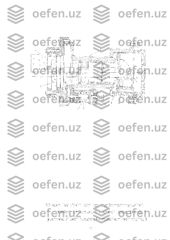 2.3 Rasm. Ikki o‘tishli Fabri-Pero interferometrining tuzilishi.
1   –   Interferometr   korpusi;   2   –   shishali   deraza   ( окно );   3   –
yustirovka qiluvchi buragich; 4 – mustahkamlovchi prujina; 5 –
40 