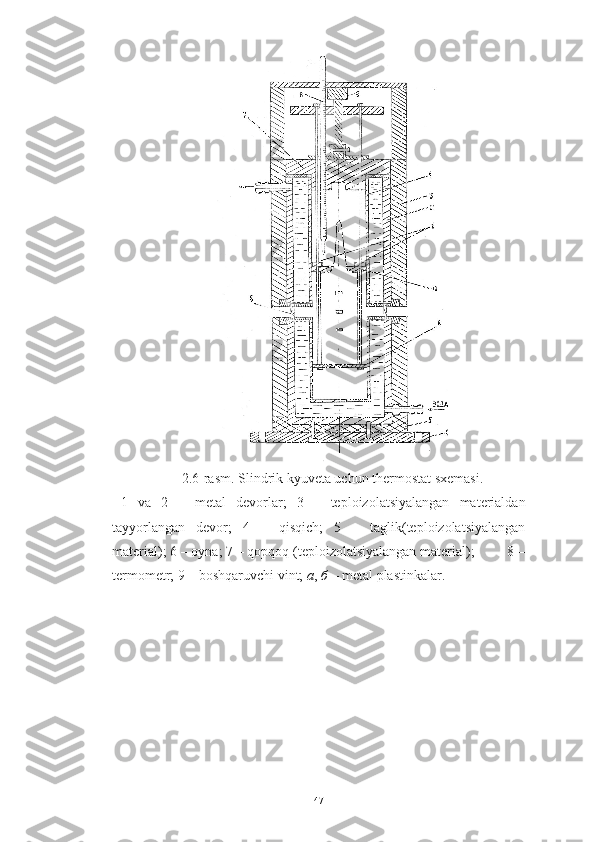 2.6-rasm. Slindrik kyuveta uchun thermostat sxemasi.
1   va   2   –   metal   devorlar;   3   –   teploizolatsiyalangan   materialdan
tayyorlangan   devor;   4   –   qisqich;   5   –   taglik(teploizolatsiyalangan
material); 6 – oyna; 7 – qopqoq (teploizolatsiyalangan material);         8 –
termometr; 9 – boshqaruvchi vint;  а ,  б  – metal plastinkalar.
47 