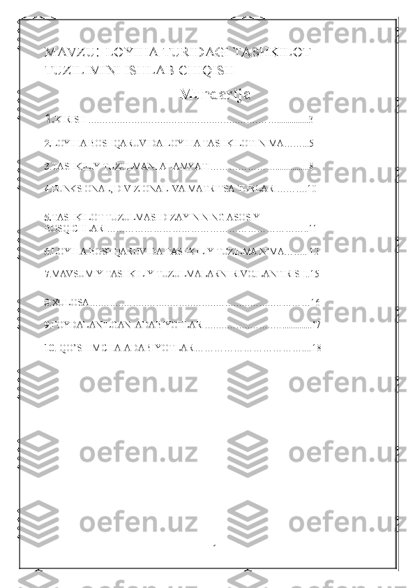 MAVZU :  LOYIHA TURIDAGI TASHKILOT 
TUZILIMINI ISHLAB CHIQISH
Mundarija
1 . KIRISH ….….….….….….….….….….….….….….………...............3
2. LOYIHA BOSHQARUVIDA LOYIHA TASHKILOTI NIMA……...5
3 .TASHKILIY TUZULMANI AHAMYATI…………………................8
4 .FUNKSIONAL, DIVIZIONAL  VA MATRITSA TURLARI……….10
5. TASHKILOT TUZULMASI DIZAYININING ASOSIY      
BOSQICHLARI………………………………………………………..11
6 .LOYIHA BOSHQARUVIDA TASHKILIY TUZILMA NIMA…….. 12
7 .MAVSUMIY TASHKILIY TUZULMALARNI RIVOJLANTIRISH..15
8 .XULOSA….….….….….….….….….….….….….….….….…………16
9 .FOYDALANILGAN  ADABIYOTLAR ….….….….….….…..............17
10 . QO’SHIMCHA ADABIYOTLAR……………………………....18
1 