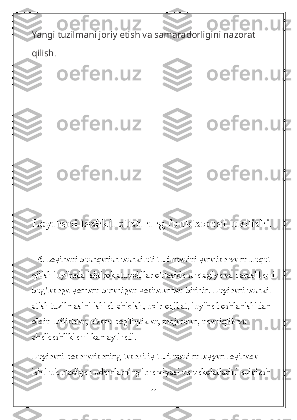 Yangi tuzilmani joriy etish va samaradorligini nazorat 
qilish .
Loyihani tashkil etishning funktsional tuzilishi.
   6 .Loyihani boshqarish tashkiloti tuzilmasini yaratish va muloqot 
qilish loyihada ishtirok etuvchilar o'rtasida strategiya va qarashlarni
bog'lashga yordam beradigan vositalardan biridir. Loyihani tashkil 
etish tuzilmasini ishlab chiqish, oxir-oqibat, loyiha boshlanishidan 
oldin uzilishlar, o'zaro bog'liqliklar, mojarolar, noaniqlik va 
chalkashliklarni kamaytiradi.
Loyihani boshqarishning tashkiliy tuzilmasi muayyan loyihada 
ishtirok etadigan odamlarning ierarxiyasi va vakolatlarini aniqlash 
11 