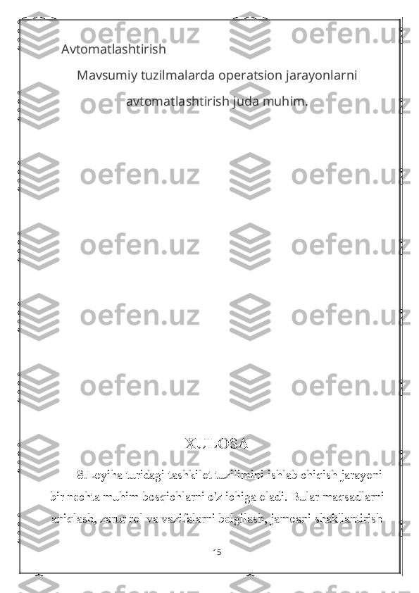      Avtomatlashtirish
Mavsumiy tuzilmalarda operatsion jarayonlarni
avtomatlashtirish juda muhim.
XULOSA
        8. Loyiha turidagi tashkilot tuzilimini ishlab chiqish jarayoni
bir nechta muhim bosqichlarni o'z ichiga oladi. Bular maqsadlarni
aniqlash, zarur rol va vazifalarni belgilash, jamoani shakllantirish
15 