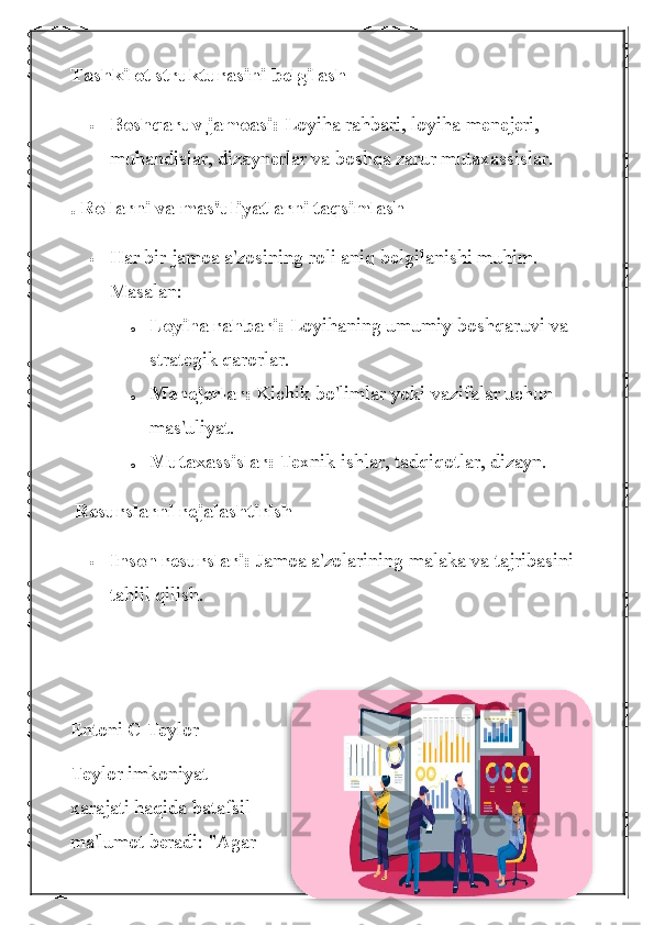 Tashkilot strukturasini belgilash
 Boshqaruv jamoasi:  Loyiha rahbari, loyiha menejeri, 
muhandislar, dizaynerlar va boshqa zarur mutaxassislar.
. Rollarni va mas'uliyatlarni taqsimlash
 Har bir jamoa a'zosining roli aniq belgilanishi muhim. 
Masalan:
o Loyiha rahbari:  Loyihaning umumiy boshqaruvi va 
strategik qarorlar.
o Menejerlar:  Kichik bo'limlar yoki vazifalar uchun 
mas'uliyat.
o Mutaxassislar:  Texnik ishlar, tadqiqotlar, dizayn.
  Resurslarni rejalashtirish
 Inson resurslari:  Jamoa a'zolarining malaka va tajribasini 
tahlil qilish.
Entoni C Teylor
Teylor imkoniyat
xarajati haqida batafsil
ma'lumot beradi: "Agar
6 