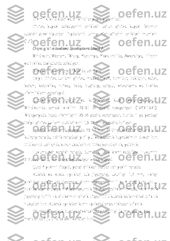 O‘ simlik koldikdari va chikindilar yokib yuboriladi.
G‘o‘z a   kuyasi   tarkalganini   aniklash   uchun   g‘o‘ za   kuyasi   feromon
tutkichi-gossi-plyurdan   foydalanib   uning   o‘ cho g‘ larini   aniklash   mumkin.
(1,4)
Osiyo  g‘o‘ za   tunlami  Spodoptera litura F.
Xindiston, Vetnam, "Xitoy, Yaponiya, Yava orolida, Avstra liya, Filippin
va boshka davlatlarda tarkalgan.
Rossiyaning Primore  o‘ lkasida uchraydi.
Osiyo   G‘o‘z a   tunlami   g‘o‘ za,   makkaj o‘ xori,   pomidor,   bak l ajon,   sabzi,
karam,   kartoshka,   n o‘ xat,   beda,   bu g‘ doy,   atirgul,   xrizantema   va   boshka
o‘ simliklarni zararlaydi.
Qurtlar   g‘o‘ za   barglari   va   k o‘ saklariga   kuchli   zarar   yetkazadi.
Xindistonda   tamaki   xosilini   25-50   %   gacha   pasaytirgan   (1967-1970).
Malayziyada   batat   o‘ simligini   75   %   gacha   zararlagan,   bunda   1   ga   yerdagi
Osiyo  g‘o‘ za tunlami qurtlari soni 1,5-28 mingtagacha b o‘ lgan.
Imagosi   kanotlarini   yozganda   35-40   mm.   Oldingi   kanotlari   chuzik-tUk
kulrang rangda, ochik rangdagi y o‘ l-yul va kattarok buyraksimon dovari bor.
Old kanoti uchlarida kora nuktalar bor. Orka kanotlari ok, yaltirok.
Tuxuma   och   sargish   rangda,   dumalok,   ustki   kismi   sadafday.   Tuxumini
2-3 tadan kilib, bir-biriga tegib turgan xolda k uya di.
Qurti 6 yoshni  o‘ taydi, yangi chikkan qurtlar och yashil rangda.
Kukrak   va   soxta   oyoklari   tuk   jigarrang,   uzunligi   1,3   mm,   oxirgi
yoshdagi qurtlar och jigarrang. Korin segmentlarini 1 va 8-chisi kora   DOELI
boshka segmentlarga nisbatan uzunrok. Doglar tartibsiz formada. Boshi t o‘ k
jigarrang b o‘ lib ok choksimon   chizik  o‘ tgan. Old kukrak kalkonchasi t o‘ k ok
nuktalari bor. Kukrak oyokdari korin oyokchalariga nisbatan t o‘ krok .
G‘umbagi yongok pustiga o‘xshash rang uzunligi 19 mm gacha.  Seg-
mentlarida 6 juft nafas teshikchalari bor. 