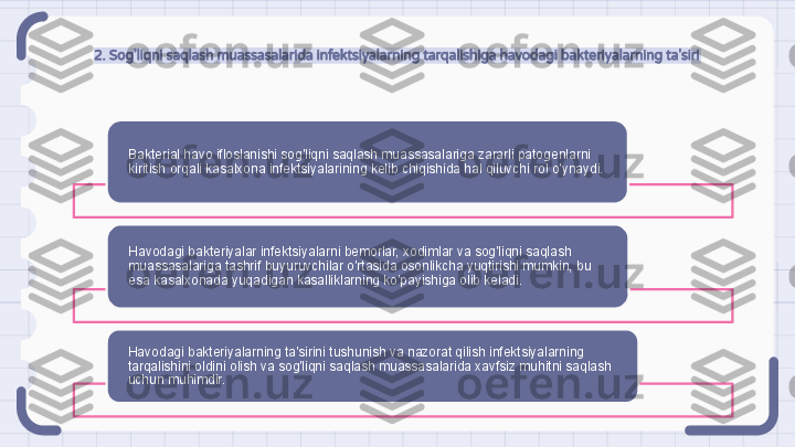 2. Sog'liqni saqlash muassasalarida infektsiyalarning tarqalishiga havodagi bakteriyalarning ta'siri
Bakterial havo ifloslanishi sog'liqni saqlash muassasalariga zararli patogenlarni 
kiritish orqali kasalxona infektsiyalarining kelib chiqishida hal qiluvchi rol o'ynaydi.
Havodagi bakteriyalar infektsiyalarni bemorlar, xodimlar va sog'liqni saqlash 
muassasalariga tashrif buyuruvchilar o'rtasida osonlikcha yuqtirishi mumkin, bu 
esa kasalxonada yuqadigan kasalliklarning ko'payishiga olib keladi.
Havodagi bakteriyalarning ta'sirini tushunish va nazorat qilish infektsiyalarning 
tarqalishini oldini olish va sog'liqni saqlash muassasalarida xavfsiz muhitni saqlash 
uchun muhimdir.                                                                  