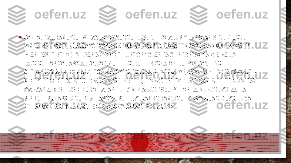 • DARHAQIQAT, NAMOZGOH VI DAVRINING SO’NGGI BOSQICHIDA JANUBIY TURKMANISTON DEHQON 
JAMOALARINING BIR NECHA YODGORLIKLARIDA SHIMOLIY CHORVADOR QABILALARINING MADANIY 
IZLARI PAYDO BO’LADI. V.I. SARIANIDINING MURG’OB VOHASIDA OLIB BORGAN DALA KUZATUV 
TADQIQOTLARIGA QARAGANDA, QADIMGI DEHQONCHILIK ZONALARI DOIRASIDA SHIMOL 
CHORVADORLARINING MANZILGOHLARI PAYDO BO’LGAN. BU VOQEALAR, ALBATTA MILODDAN AVVALGI II 
MING YILLIKNING OXIRGI CHORAGIDA SODIR BO’LIB, ULAR ANOPTEPA MISOLIDA G. SHMIDT KUZATGAN 
«VARVARLAR» ISTILOSINING NATIJALARI EDI. V.M. MASSON 1950- YILLARIDA MURG’OB VOHASIDA 
BIRINCHI BOR ARXEOLOGIK ISHLAR OLIB BORIB, VOHANING NAMOZGOH VI DAVRIGA OID OVCHIN VA 
TOHIRBOY DEB NOMLANGAN IKKITA MIKROVOHASINI O’RGANGAN.   