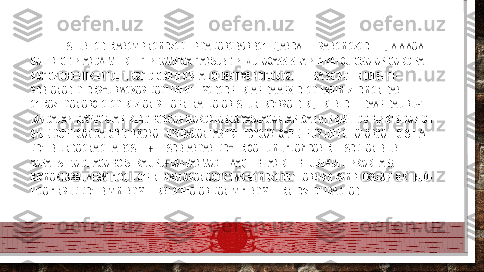 . SHUNIIGDEK ANOV P NOMOZGOH P GA BAROBAR BO’LIB, ANOV III ESA NOMOZGOH III, IV, V VA VI 
GA TEN-GDIR. ANOV IV ILK TEMIR DAVRIGA MANSUBDIR. MUTAXASSISLA-RIMIZNI XULOSALARIGA KO’RA 
NOMOZGOH 1 ILK ENEOLIT, NOMO-GOH II O’RTA ENEOLNT VE NOMOZGOH III ESA SO’NGI ENEOLIT HI-
SOBLANADI.GEOKSYUR VOXASIDAGI ENEOLIT YODGORLIKLARIDA ARXEOLOG-LARIMIZ TOMONIDAN 
O’TKAZILGAN ARXEOLOGIK IZLANISHLARNI NATIJALARI SHUNI KO’RSATDIKI, ILK ENEOLIT DAVRIDA URU  Ғ
JAMOALARI MAYDONLARI KENG BO’LGAN MAKONLARDA YASHAGANLAR. XAR BIR QISHLOQ BIR BIRIGA ZICH 
QILIB QURILGAN QATOR BIR XONALI UYLRADAN TASHKIL TOPGAN. XAR BIR UY JUFT OILALARGA TEGISHLA 
BO’LIB, UNDA ONA OILA BOSHLI I HISOBLANGAN. BOYLIK XALI UMUMJAMOANIKI HISOBLANIB, UNI 	
Ғ
YARATISHDA OILAGA BO-SHKA URU LARDAN VAQTI- VAQTI BILAN KELIB TURUVCHI ERKAK-LARNI 	
Ғ
KO’MAKLASHUVI SALMOQLI O’RIN EGALLAGAN.ANOV 1 VA NOMOZGOH 1 LARNING KOMPLEKSLARI ILK ENEO-
LIGA MNSUB BO’LIB, V MING YILLIKNI O’RTALARIDAN IV MING YILLIKNI O’Z ICHIGA OLADI  