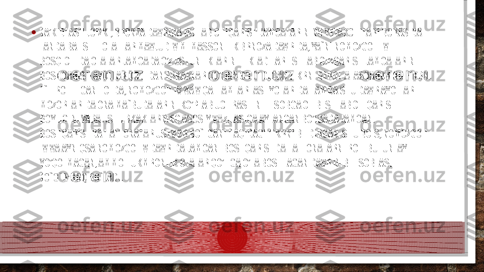 • TA’KIDLASH JOIZKI, BRONZA DAVRIDA ISHLAB CHIQARISH JAMOALARINING YETAKCHILARI BORASIDA 
FANDA BAHSLI HOLATLAR MAVJUD. V.M. MASSON ILK BRNOZA DAVRIDA, YA`NI NOMOZGOH IV 
BOSQICHIDA OTALAR JAMOADA O’Z USTUNLIKLARINI TIKLADILAR. ISHLAB CHIQARISH JAMOALARINI 
BOSHQARISH AYOLLAR QO’LIDAN ERKAKLAR QO’LIGA O’TDI DEGAN FIKRNI BERDI. A. ASQAROV BU FIKRNI 
E`TIROF ETGAN HOLDA, NOMOZGOH IV VA V QATLAMLARI ASHYOLARIDA HAMDA SHU DAVR AYOLLAR 
MOZORLARIDA ONA MA`BUDALARINI KO’PLAB UCHRASHINI HISOBGA OLIB ISHLAB CHIQARISH 
BOYLIGINI YARATISH ERKAKLARNING ASOSIY VAZIFASIGA AYLANGAN BO’LSADA JAMOANI 
BOSHQARISHDA HALI ONALAR USTVOR BO`LGANI HAQIDAGI FIKRNI BILDIRGAN. SHU BOIS, NOMOZGOH 
IV VA AYNIQSA NOMOZGOH V DAVRIDA JAMOANI BOSHQARISHDA HALI ONALARNI ROLI BUTUNLAY 
YO’QOLMAGAN, AMMO HUKMRONLIK OTALAR QO’LIGA O’TA BOSHLAGAN DAVR DEB HISOBLASH 
TO`G`RIROQ BO`LADI.  