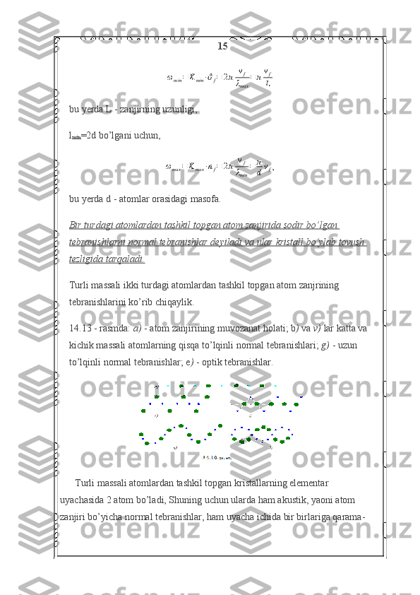 1 5
ω
min = K
min ∙ ϑ
f = 2 π v
f
λ
max = π v
f
L
bu yerda L - zanjirning uzunligi,
l
min =2d bo’lgani uchun,
ω
max = K
max ∙ n
f = 2 π v
f
λ
min = π
d v
f ,
bu yerda d - atomlar orasidagi masofa.
Bir turdagi	 atomlardan	 tashkil	 topgan	 atom	 zanjirida	 sodir	 bo’lgan	 
tebranishlarni	
 normal	 tebranishlar	 deyiladi	 va	 ular	 kristall	 bo’ylab	 tovush	 
tezligida	
 tarqaladi.
Turli massali ikki turdagi atomlardan tashkil topgan atom zanjrining 
tebranishlarini ko’rib chiqaylik.
14.13 - rasmda:   a)   - atom zanjirining muvozanat holati; b )   va   v)   lar katta va 
kichik massali atomlarning qisqa to’lqinli normal tebranishlari;   g)   - uzun 
to’lqinli normal tebranishlar; e )   - optik tebranishlar.
Turli massali atomlardan tashkil topgan kristallarning elementar 
uyachasida 2 atom bo’ladi, Shuning uchun ularda ham akustik, yaoni atom 
zanjiri bo’yicha normal tebranishlar, ham uyacha ichida bir birlariga qarama- 