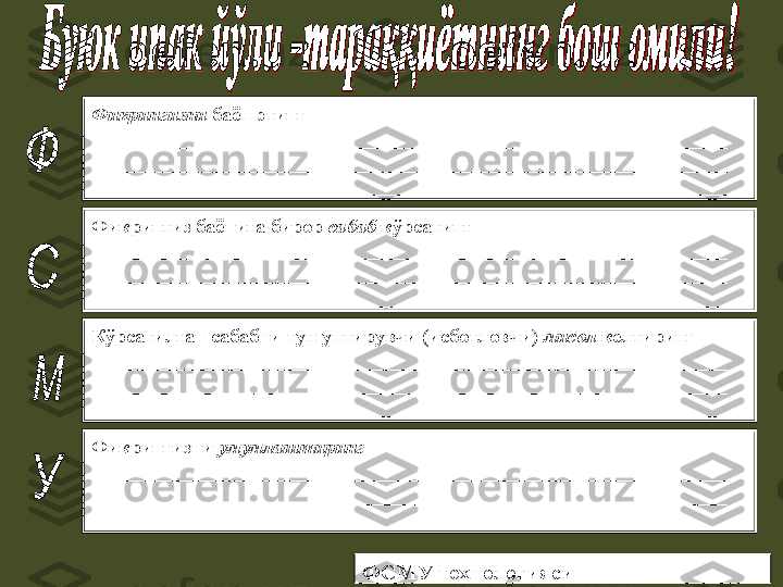 ФСМУ технологиясиФикрингизни  баён этинг
_______________________________________________________________
_______________________________________________________________
_______________________________________________________________
Фикрингиз баёнига бирор  сабаб   кўрсатинг
_______________________________________________________________
_______________________________________________________________
_______________________________________________________________
Кўрсатилган сабабни тушунтирувчи (исботловчи)  мисол  келтиринг  
_______________________________________________________________
_______________________________________________________________
_______________________________________________________________
Фикрингизни  умумлаштиринг  
_______________________________________________________________
_______________________________________________________________
_______________________________________________________________ 