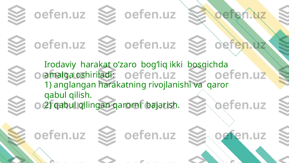 Irodaviy  harakat o‘zaro  bog‘liq ikki  bosqichda 
amalga oshiriladi:
1) anglangan harakatning rivojlanishi va  qaror 
qabul qilish.
2) qabul qilingan qarorni  bajarish. 