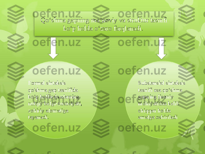 Qo‘shma gapning ma’noviy va struktur tasnifi 
ko‘p holda o‘zaro farqlanadi. 
Formal sintaksis 
qo'shma gap tasnifida 
ko‘p hollarda ularning 
nutqiy belgi-xususiyati, 
zohiriy alomatiga 
tayanadi.  Substansial sintaksis 
tasnifi esa qo‘shma 
gapning lisoniy 
mohiyatidaa kelib 
chiqqan holda 
amalga oshiriladi                                                                         