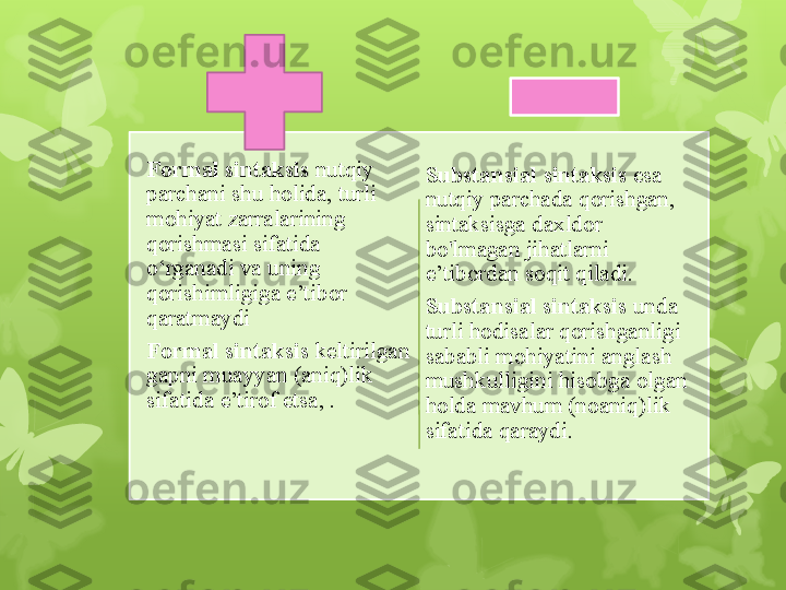 Formal sintaksis  nutqiy 
parchani shu holida, turli 
mohiyat zarralarining 
qorishmasi sifatida 
o‘rganadi va uning 
qorishimligiga e’tibor 
qaratmaydi
Formal sintaksis  keltirilgan 
gapni muayyan (aniq)lik 
sifatida e’tirof etsa, .  Substansial   sintaksis  esa 
nutqiy parchada qorishgan, 
sintaksisga daxldor 
bo'lmagan jihatlarni 
e’tibordan soqit qiladi. 
Substansial sintaksis  unda 
turli hodisalar qorishganligi 
sababli mohiyatini anglash 
mushkulligini hisobga olgan 
holda mavhum (noaniq)lik 
sifatida qaraydi.                                                                         