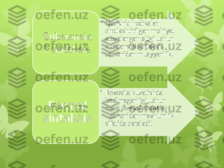 •
Qorishiq hodisalar 
chetlashtirilgan mohiyat 
«tozalangan »ligi uchun 
substansial sintaksis 
tomonidan muayyanlik.Substansia
l sintaksis
•
Bevosita kuzatishda 
berilmaganligi uchun 
esa u  formal sintaksis     
   tomonidan mavhumlik 
sifatida qaraladi. Formal 
sintaksis                                                                            