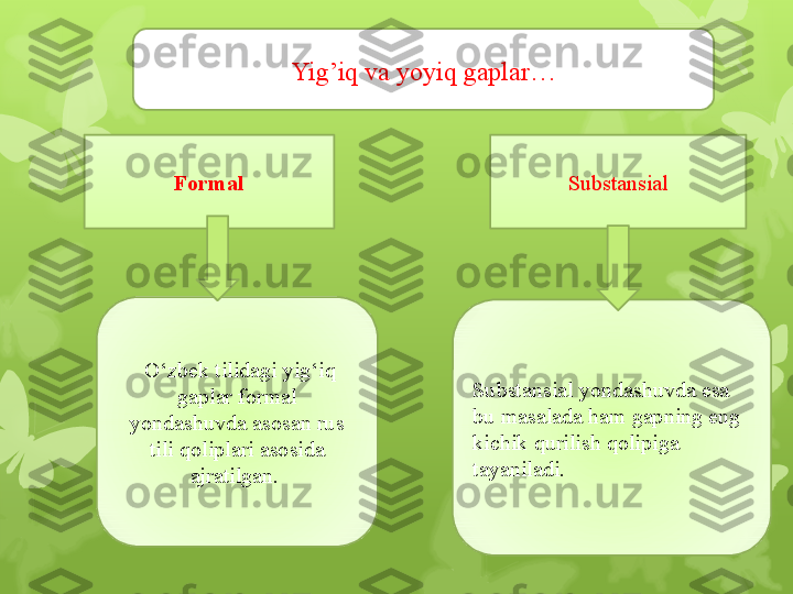 Yig’iq va yoyiq gaplar…
Formal Substansial
  O‘zbek tilidagi yig‘iq 
gaplar formal 
yondashuvda asosan rus 
tili qoliplari asosida 
ajratilgan.  Substansial yondashuvda esa 
bu masalada ham gapning eng 
kichik qurilish qolipiga 
tayaniladi.                                                                        